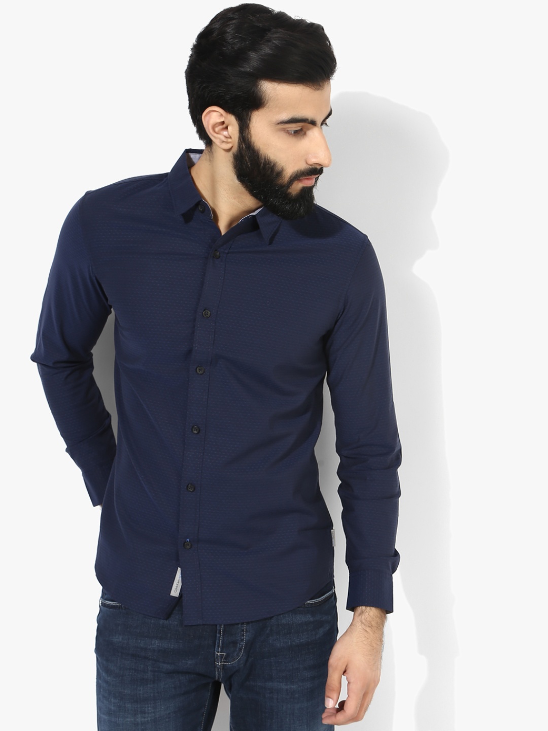 

Navy Blue Textured Regular Fit Casual Shirt