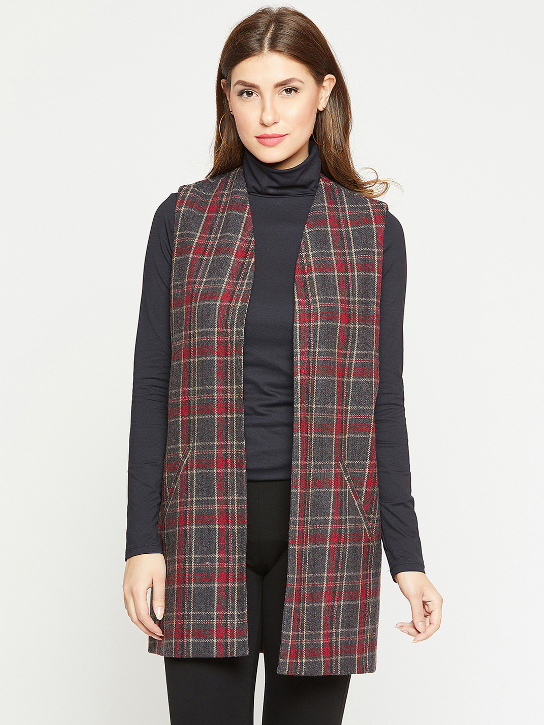

Marie Claire Black & Red Checked Open Front Shrug