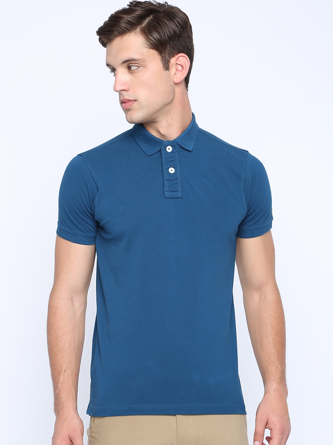 

Basics Men Teal Solid Polo Collar T-shirt