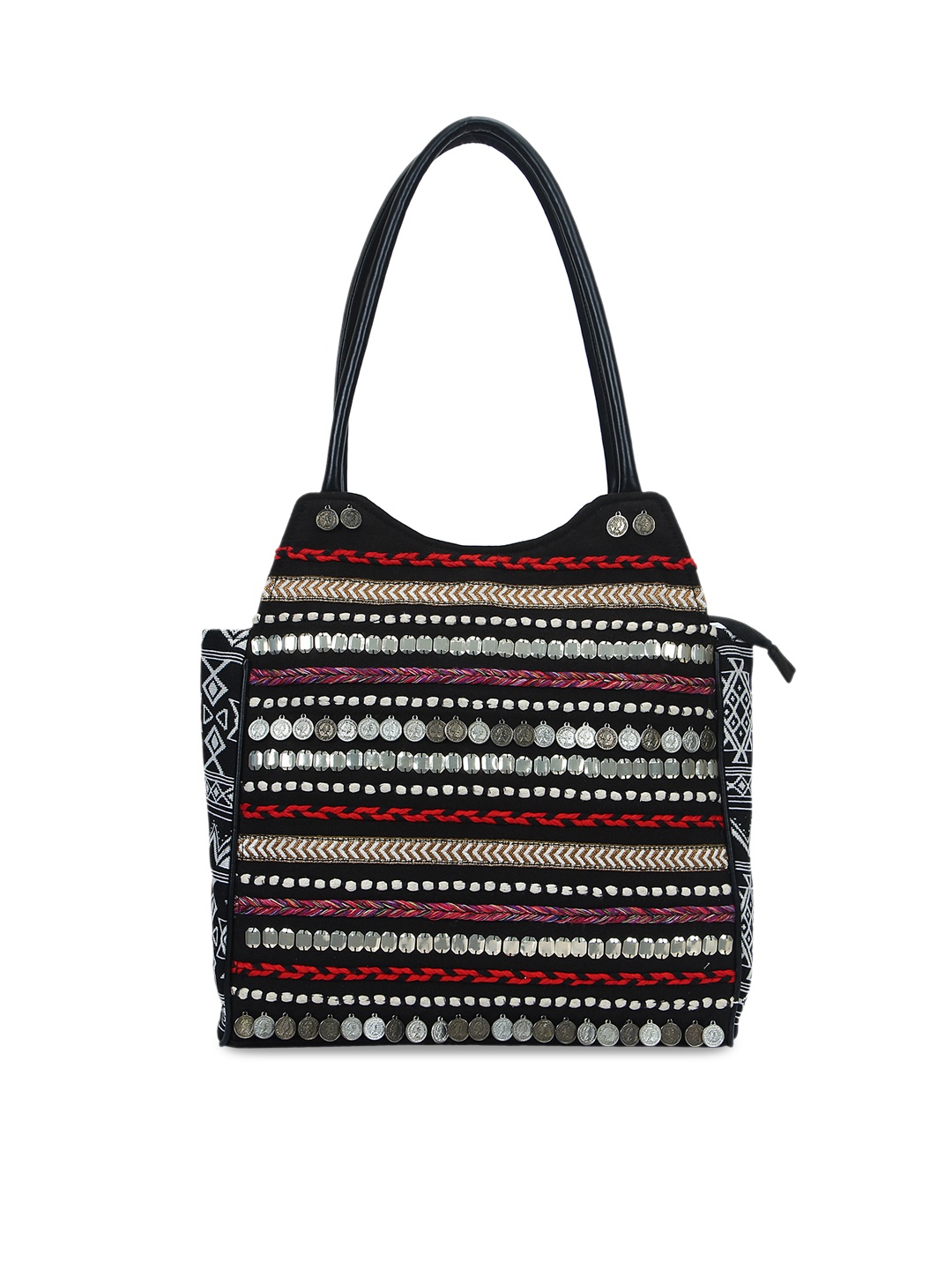 

Anekaant Black & Silver-Toned Embellished Handheld Bag