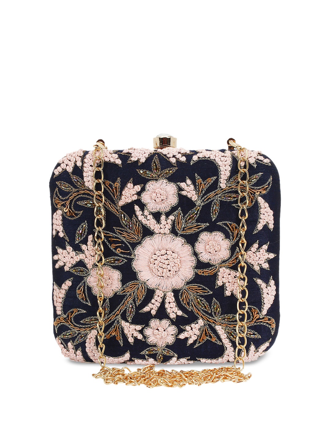 

Anekaant Navy & Pink Embroidered Box Clutch, Navy blue