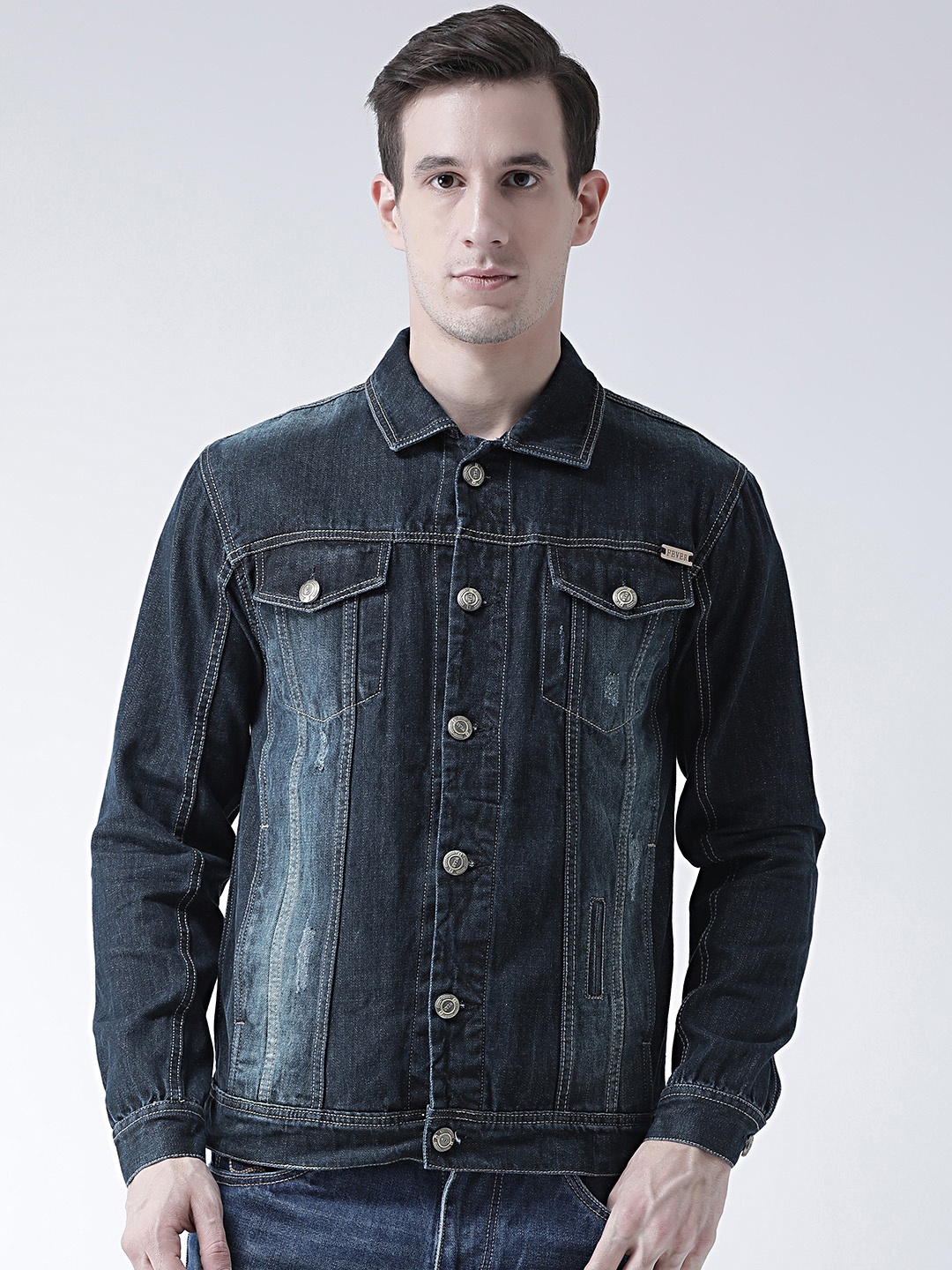 

FEVER Men Navy Blue Solid Denim Jacket