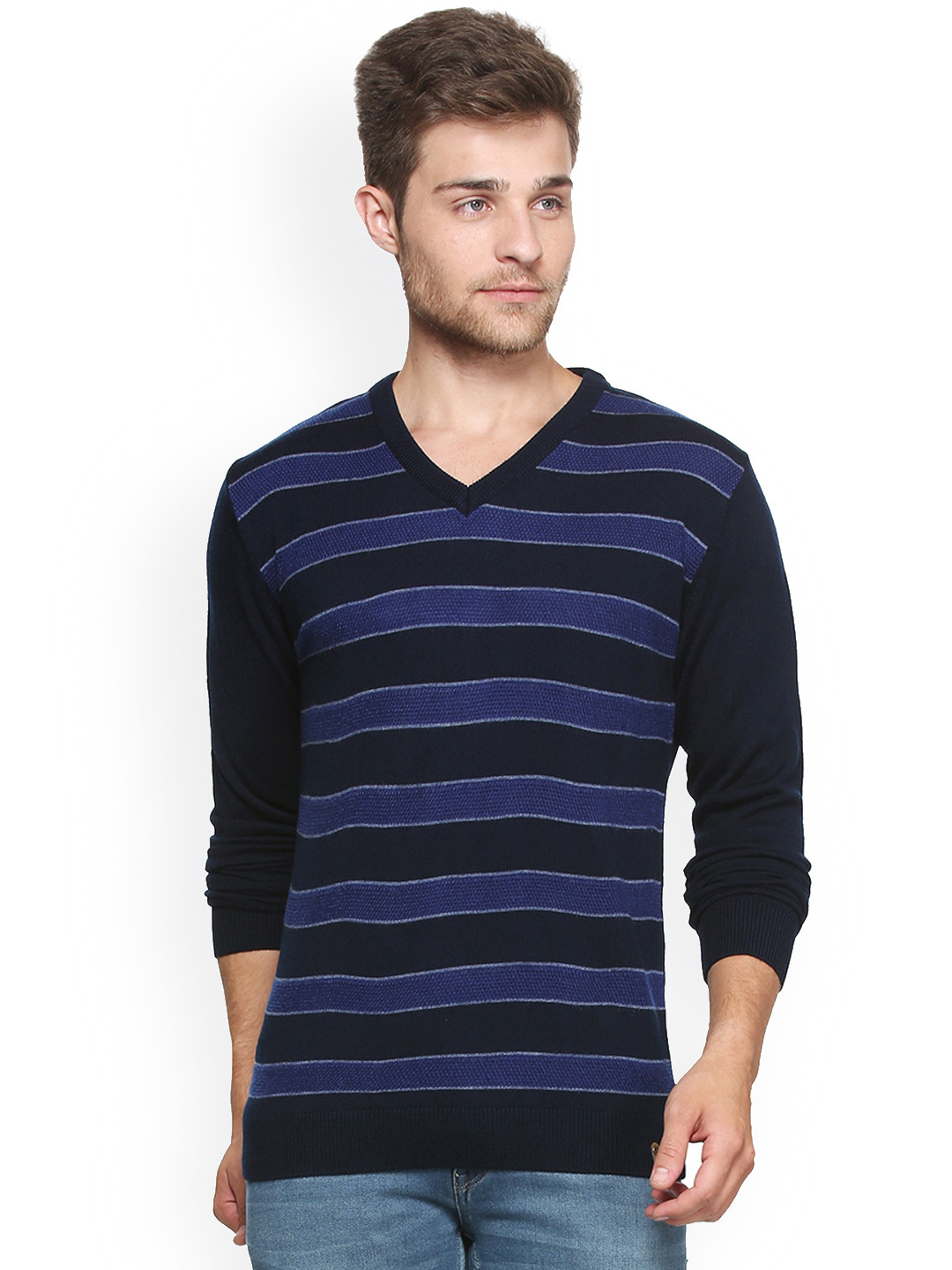 

Peter England Casuals Men Navy Blue & Black Striped Sweater