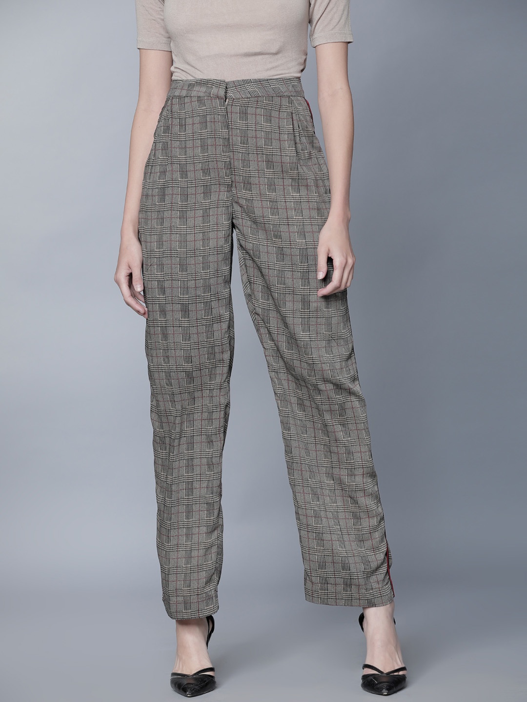 

Tokyo Talkies Women Brown & Grey Checked Wide Leg Palazzos