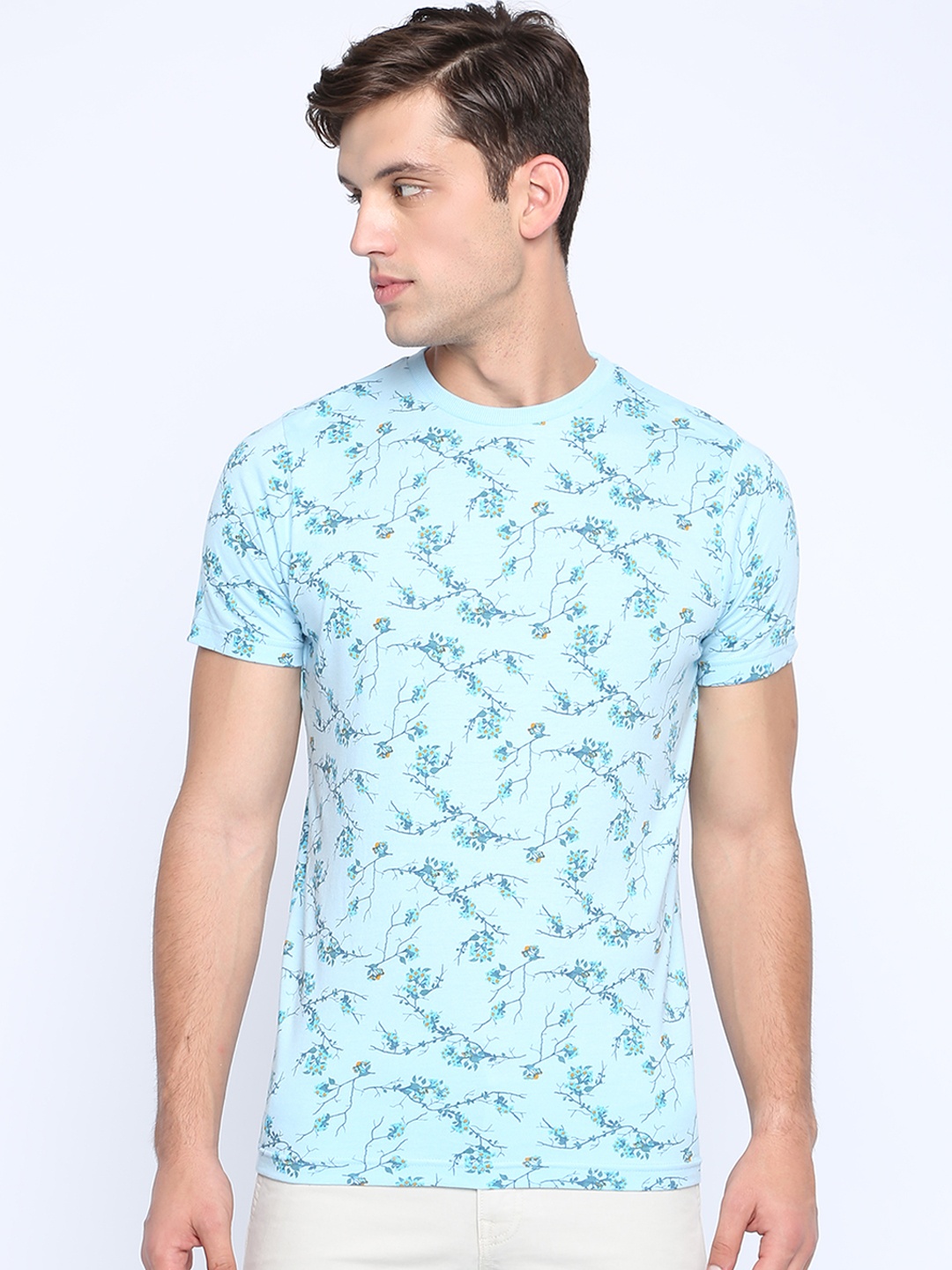

Basics Men Blue Printed Round Neck T-shirt