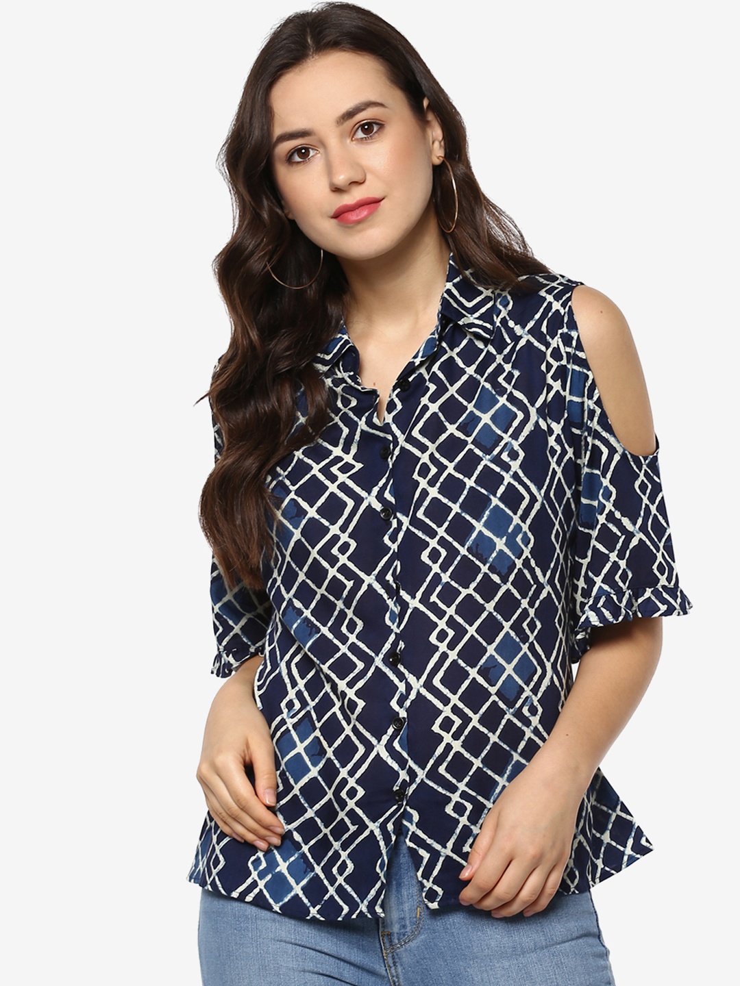 

Indietoga Women Blue Printed Shirt Style Top