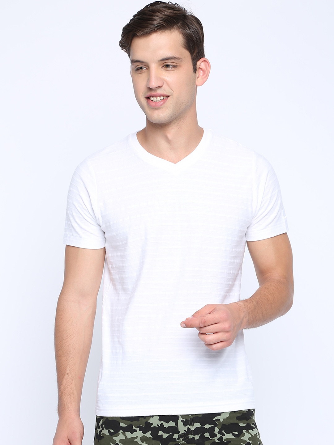 

Basics Men White Striped V-Neck Pure Cotton T-shirt