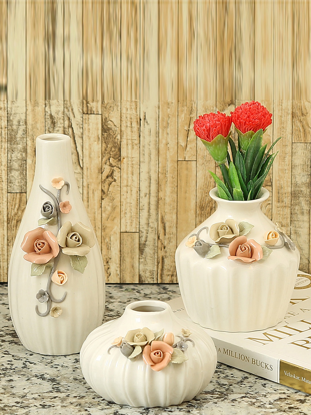 

Aapno Rajasthan Set of 3 White Ceramic Flower Vase