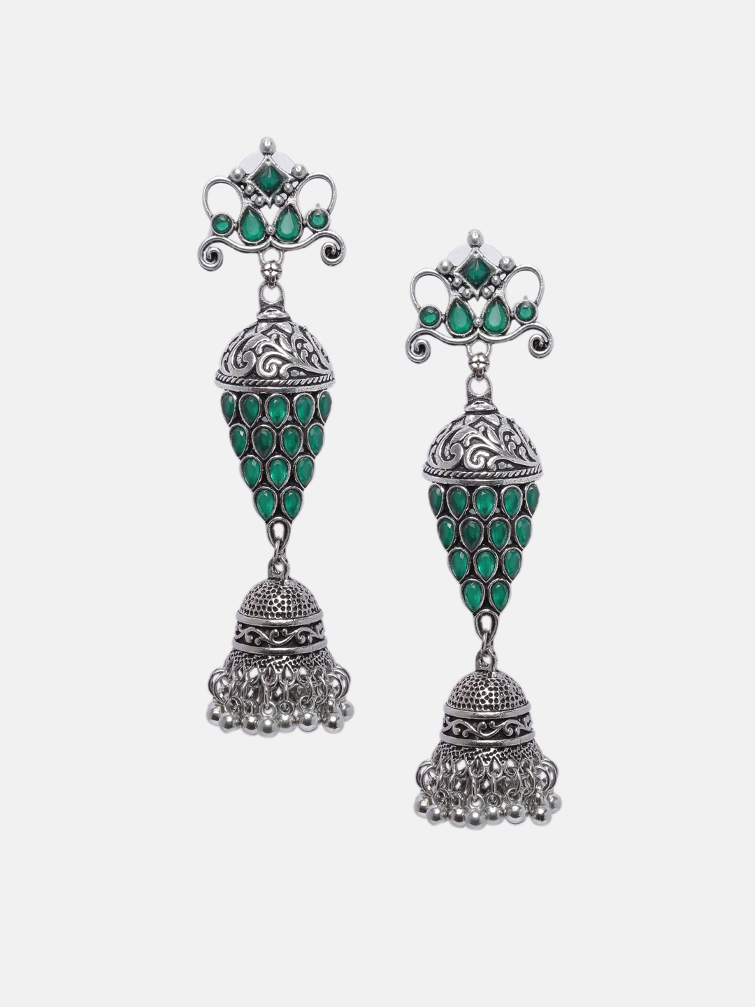 

Mali Fionna Green & Silver-Toned Contemporary Jhumkas