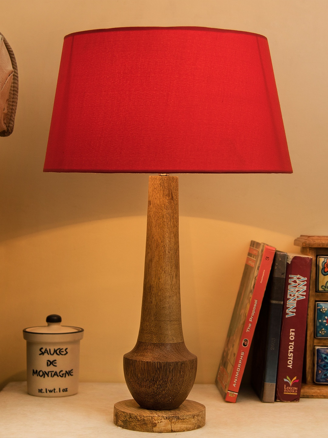 Homesake Beige & Red Solid Handcrafted Bedside Standard Table Lamp with Shade