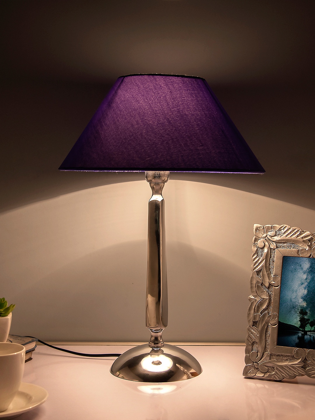 

Homesake Silver-Toned Solid Classic Cubist Chrome Handcrafted Table Lamp with Shade