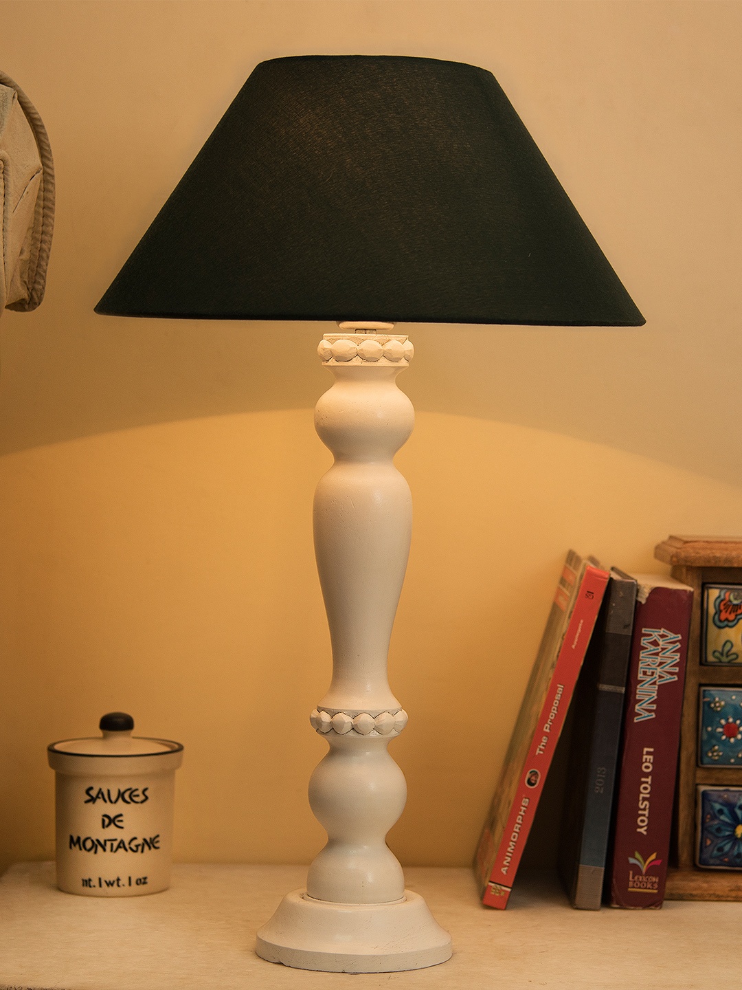 Homesake White & Green Solid Handcrafted Bedside Standard Table Lamp with Shade