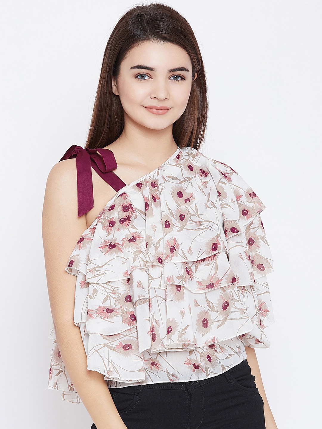 

PANIT Women White Printed Tiered Top