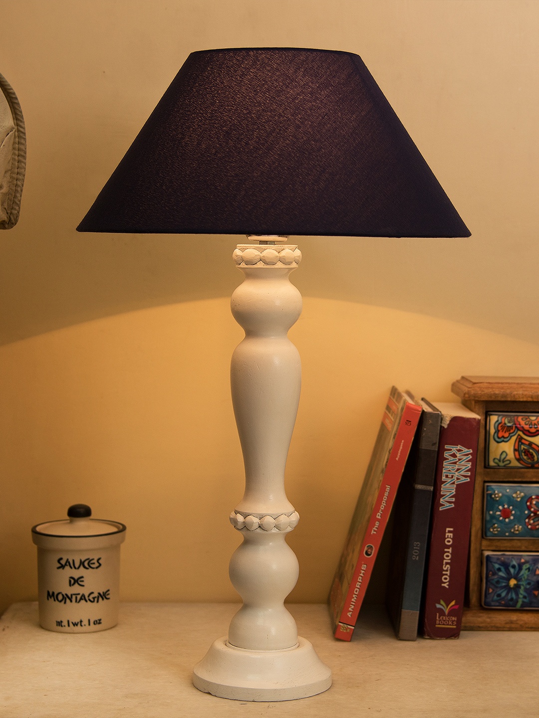 

Homesake White & Navy Blue Solid Eureka Polka Handcrafted Table Lamp with Shade