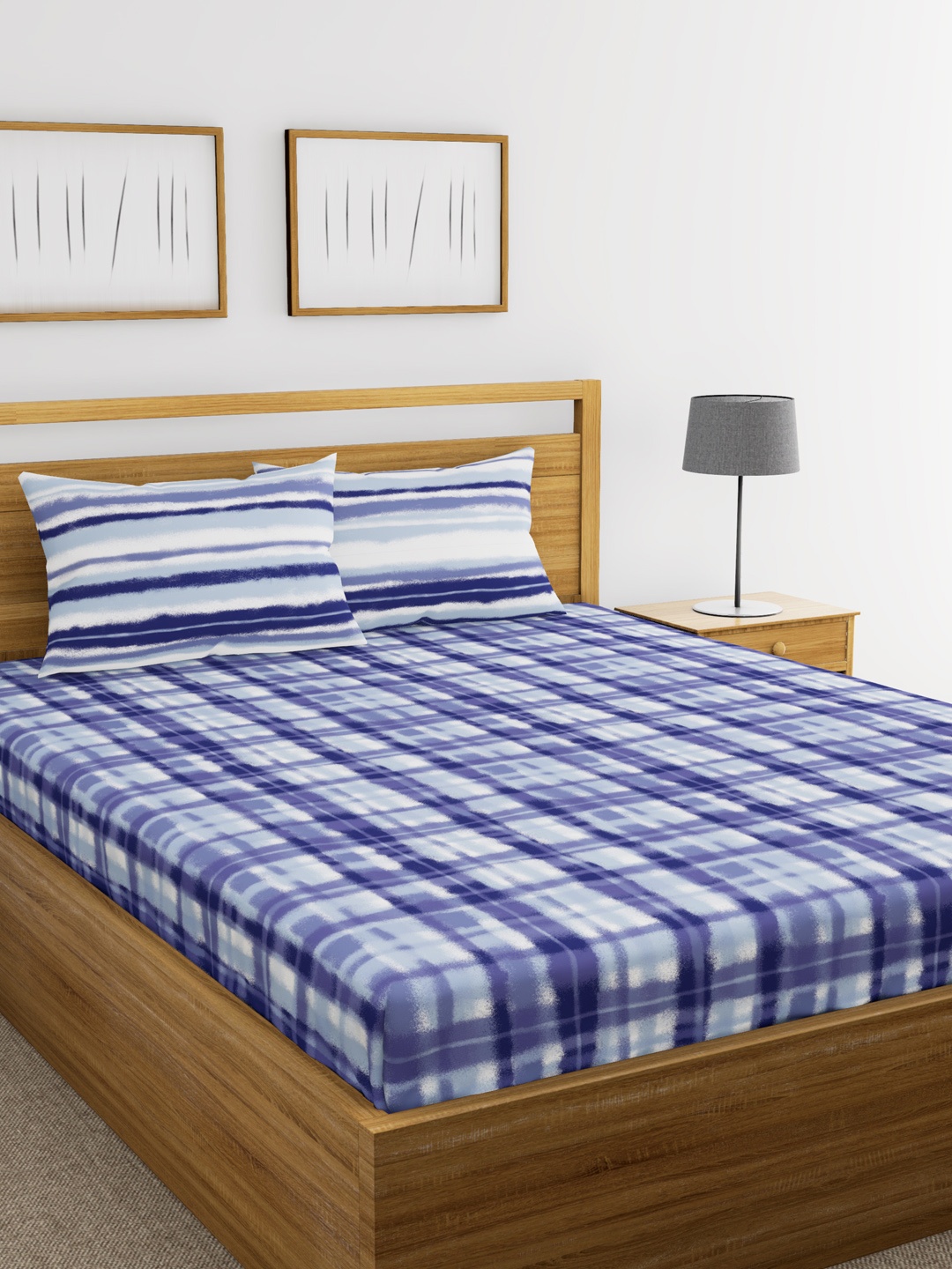 

BIANCA Blue & White Abstract Flat 144 TC Cotton 1 Queen Bedsheet with 2 Pillow Covers