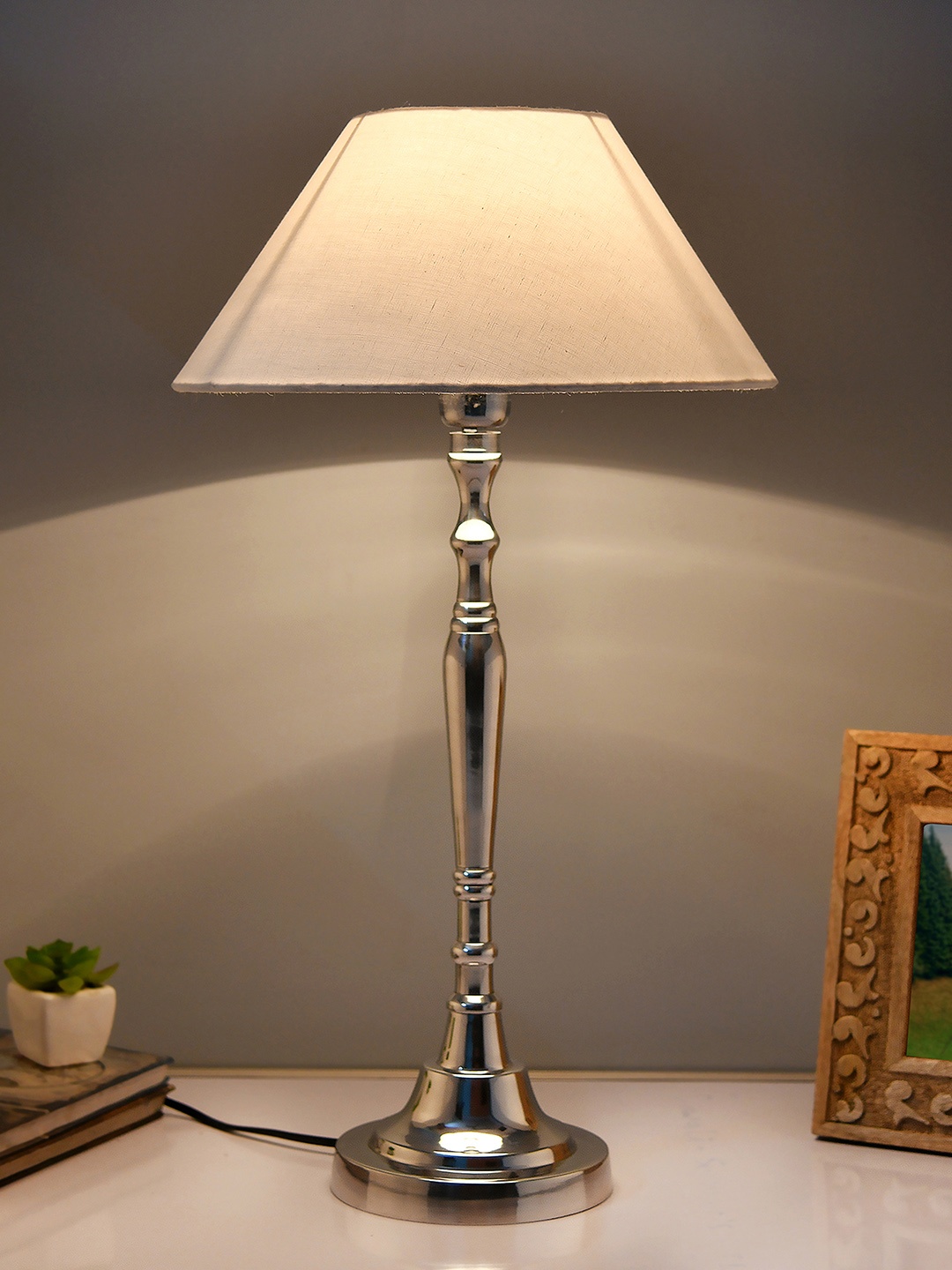 Homesake Silver-Toned & White Solid Handcrafted Bedside Standard Table Lamp with Shade