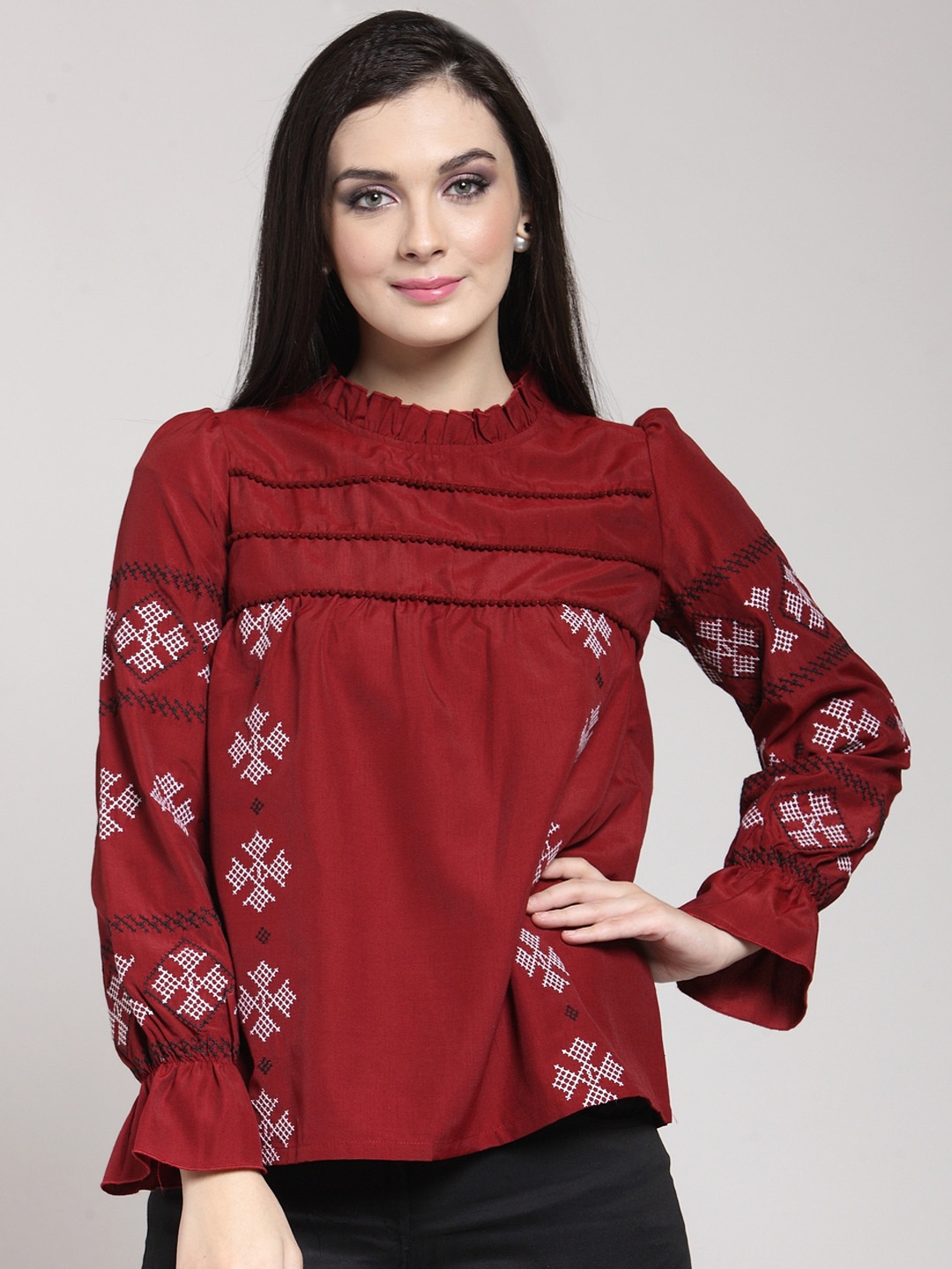 plusS Studio Burgundy Ruffles Top, Maroon