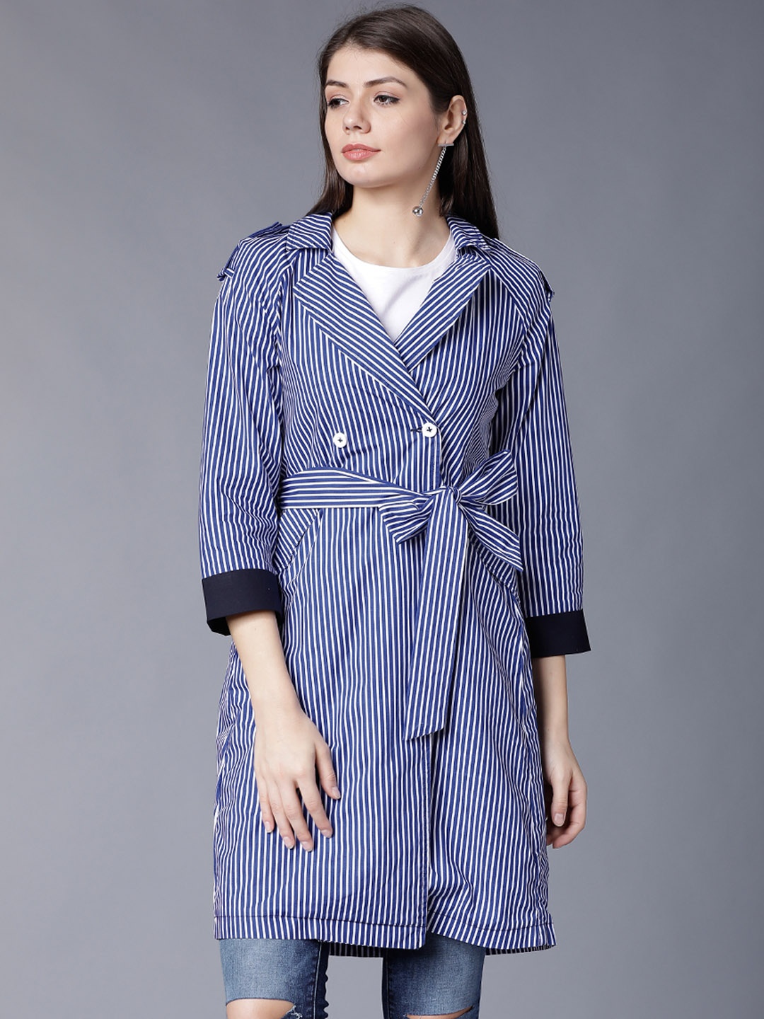 

Tokyo Talkies Women Blue Striped Tailored Jacket