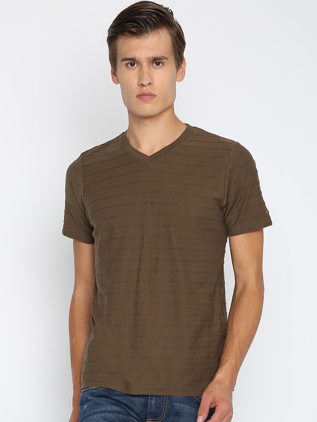 

Basics Men Olive Green Striped V-Neck Pure Cotton T-shirt