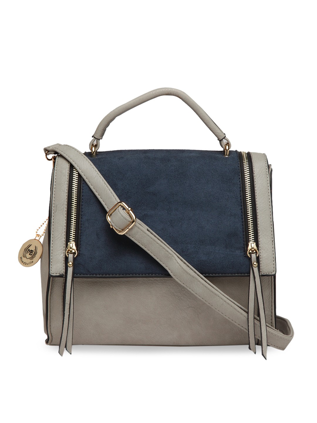 

Moedbuille Grey & Navy Blue Colourblocked Satchel