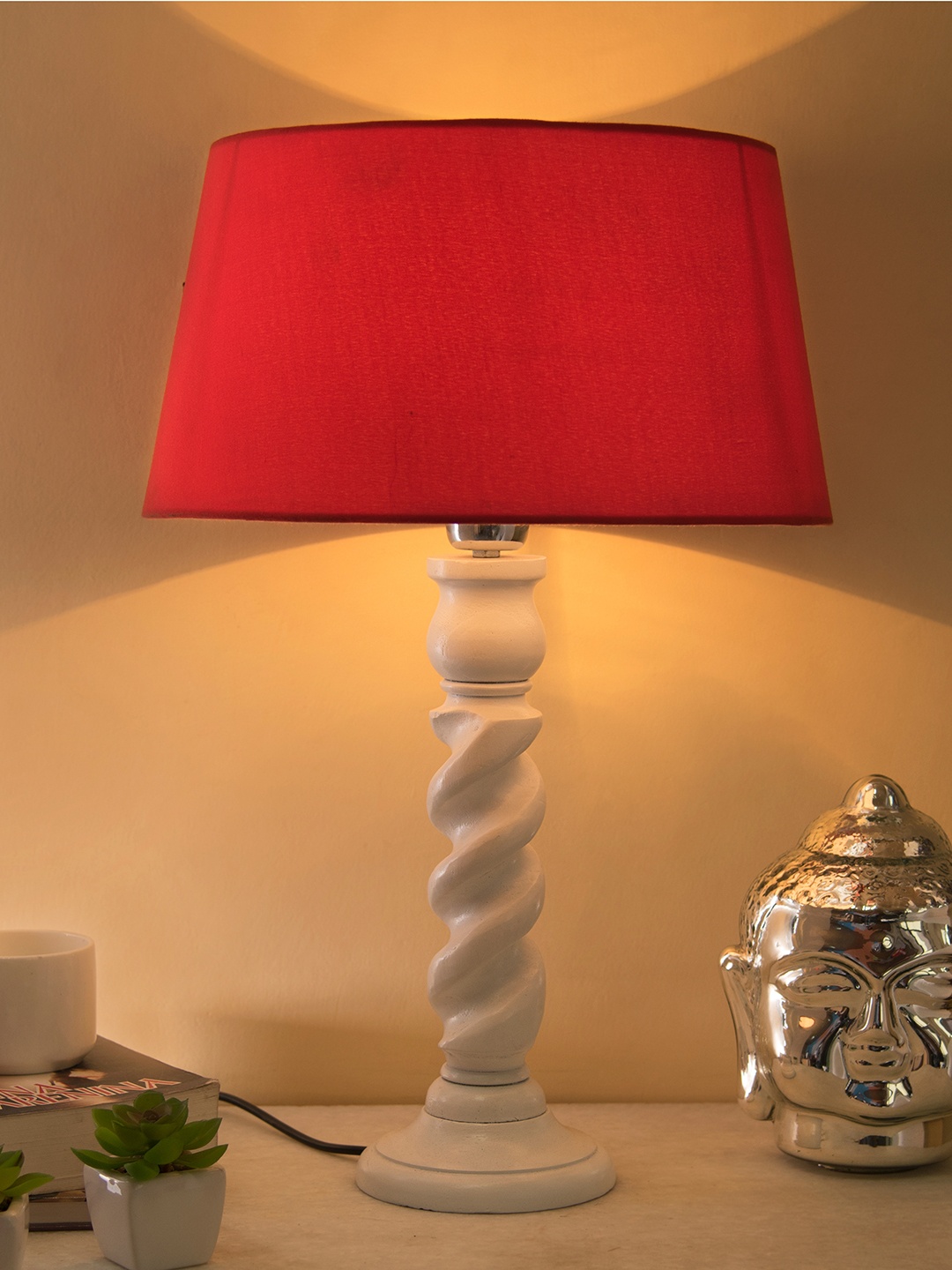 

Homesake White & Red Solid Handcrafted Bedside Table Lamp with Shade