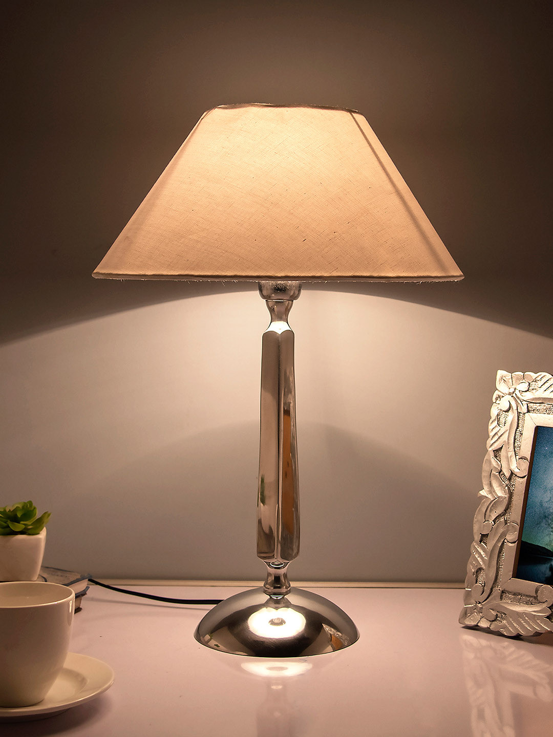

Homesake Silver-Toned & White Solid Bedside Standard Table Lamp with Shade