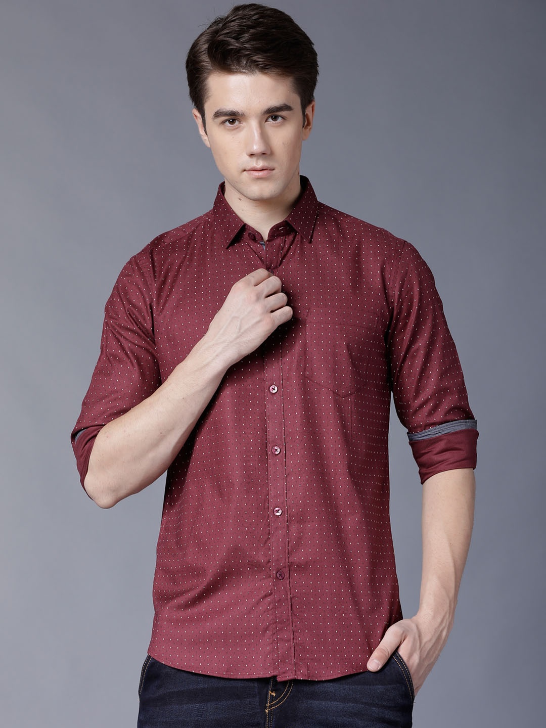 Black coffee Men Maroon & Navy Blue Slim Fit Printed Casual Shirt