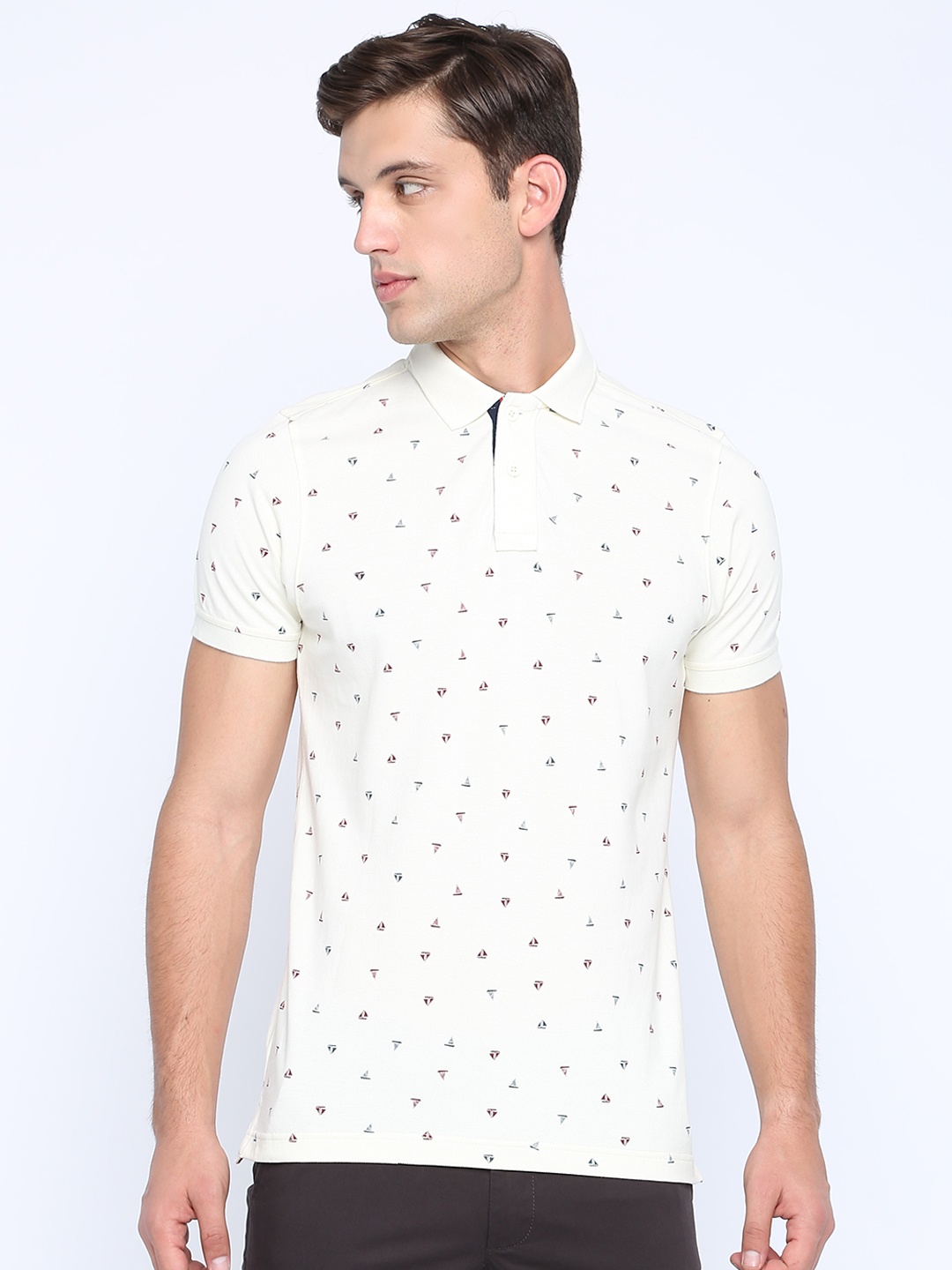 

Basics Men Off-White Printed Polo Collar Pure Cotton T-shirt