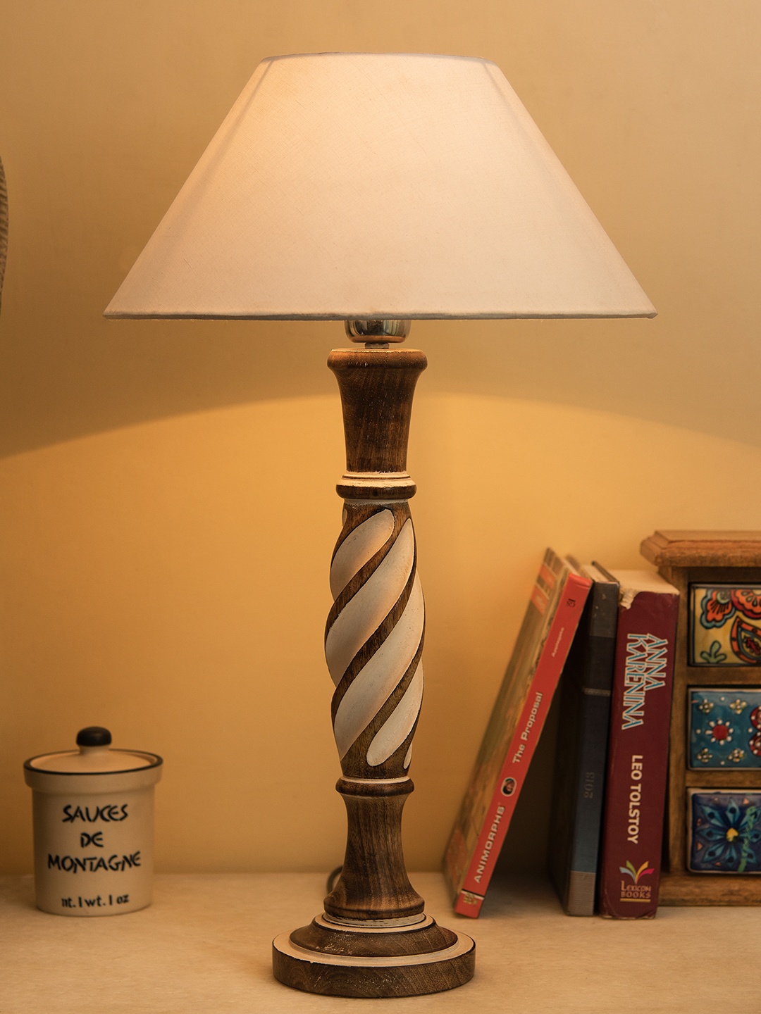 Homesake Brown & White Solid Handcrafted Bedside Standard Lamp with Shade