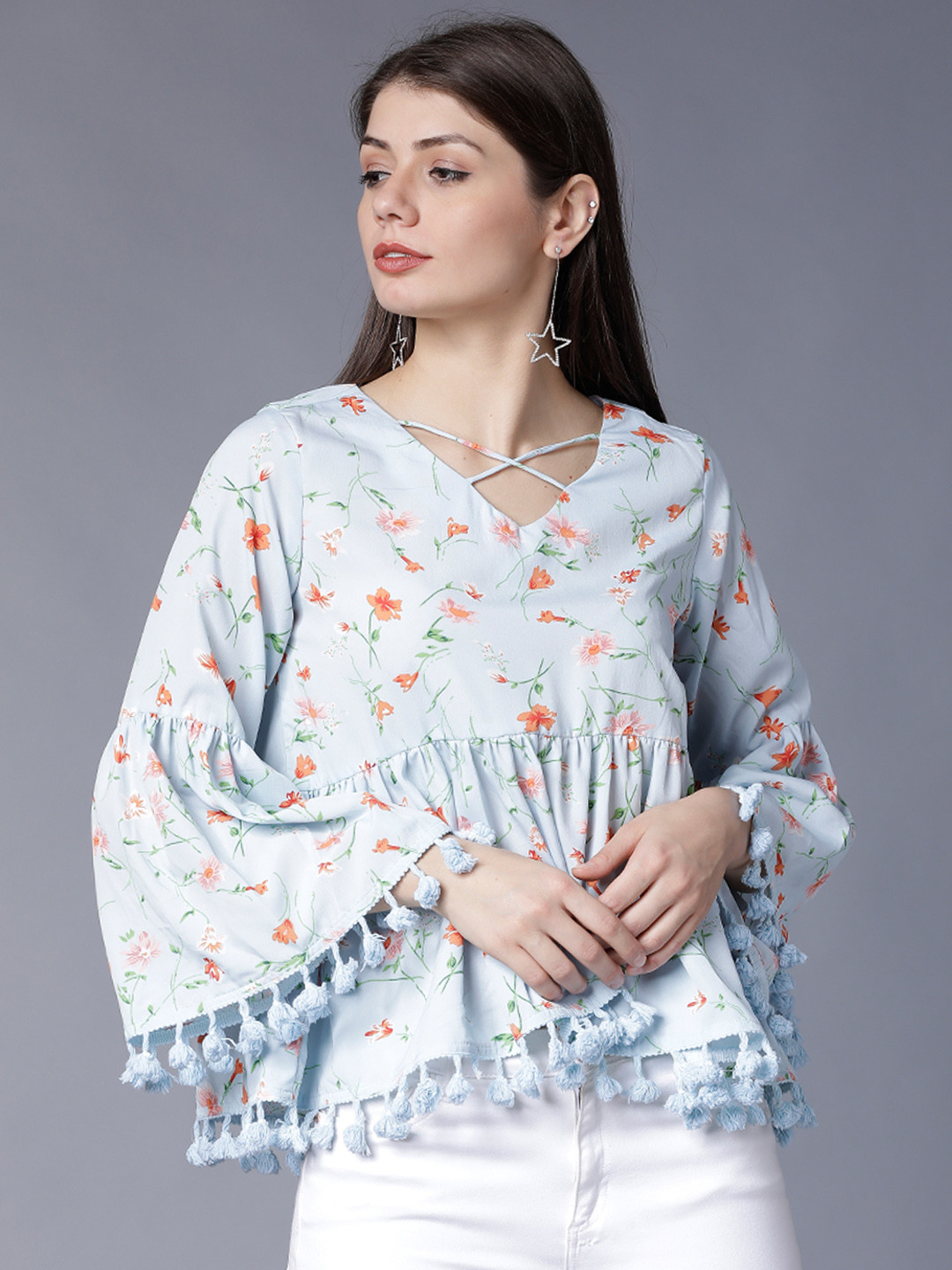 

Tokyo Talkies Women Blue Printed Peplum Top