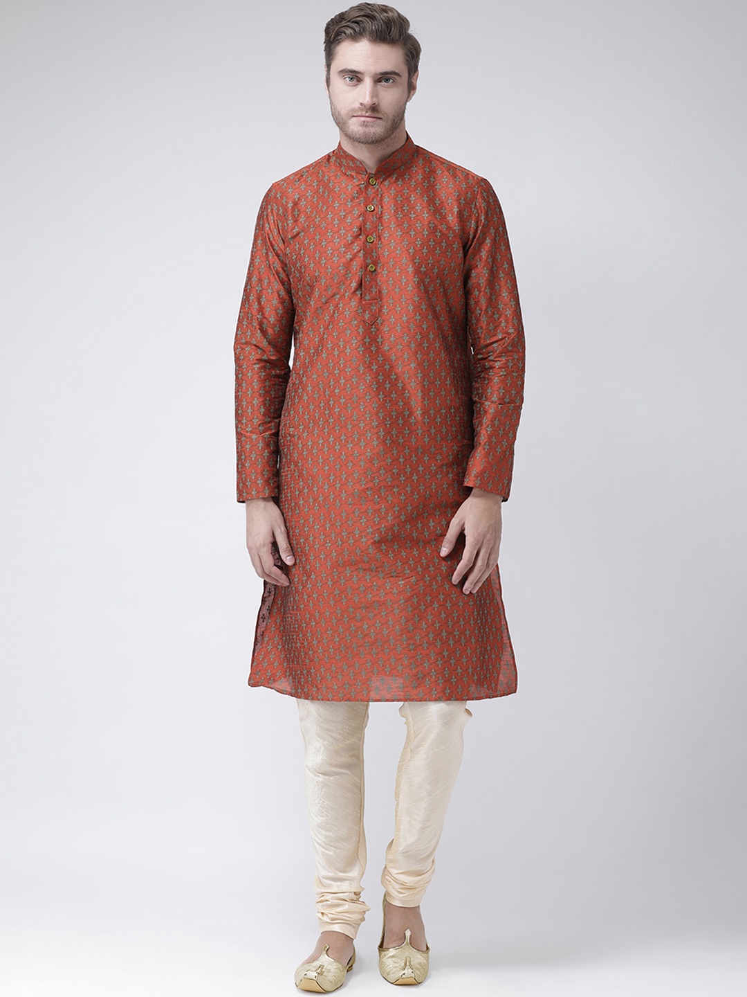 

DEYANN Men Orange & Cream-Coloured Printed Kurta with Churidar