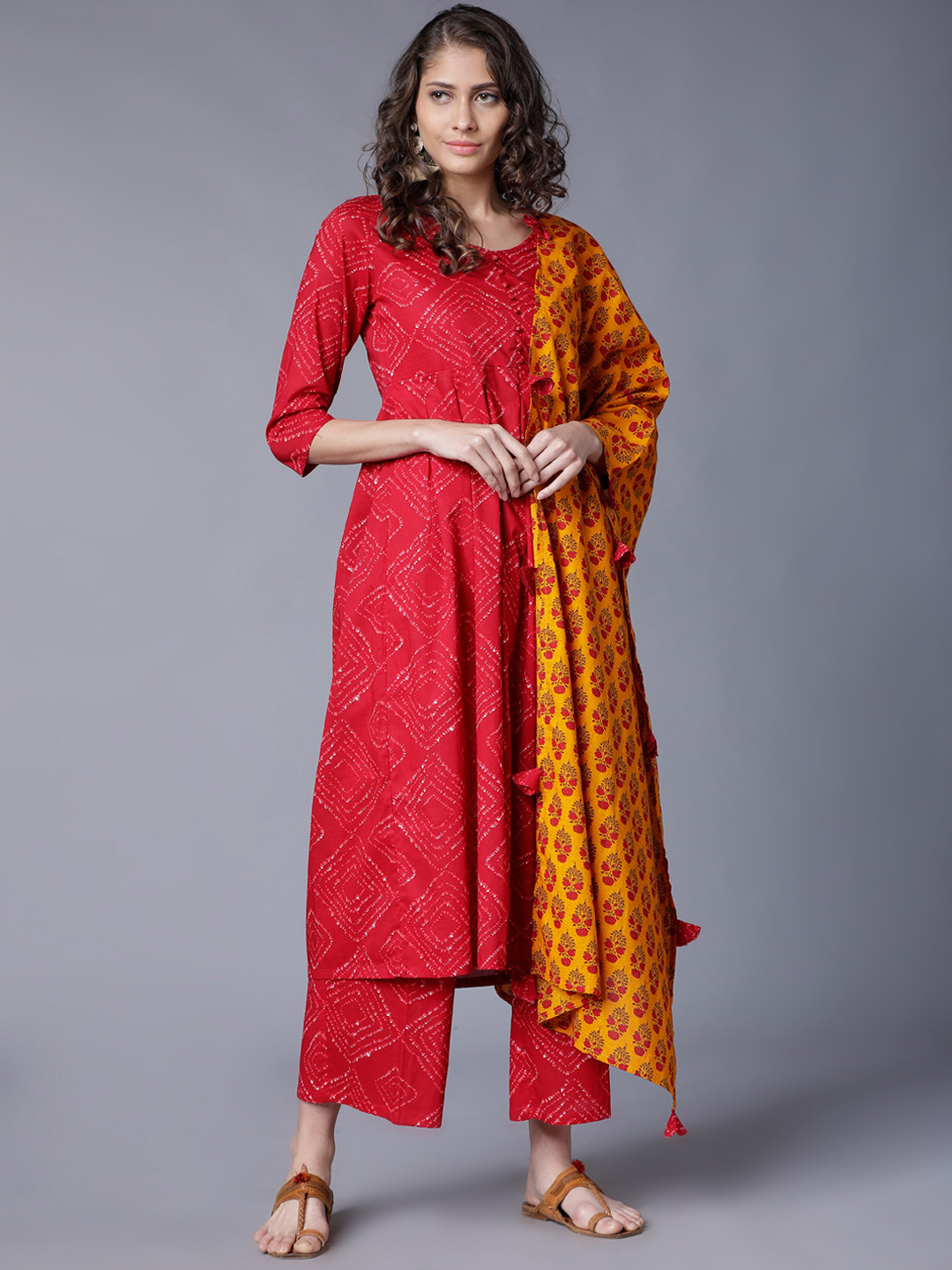

Vishudh Women Red & Printed Kurta with Palazzos & Dupatta