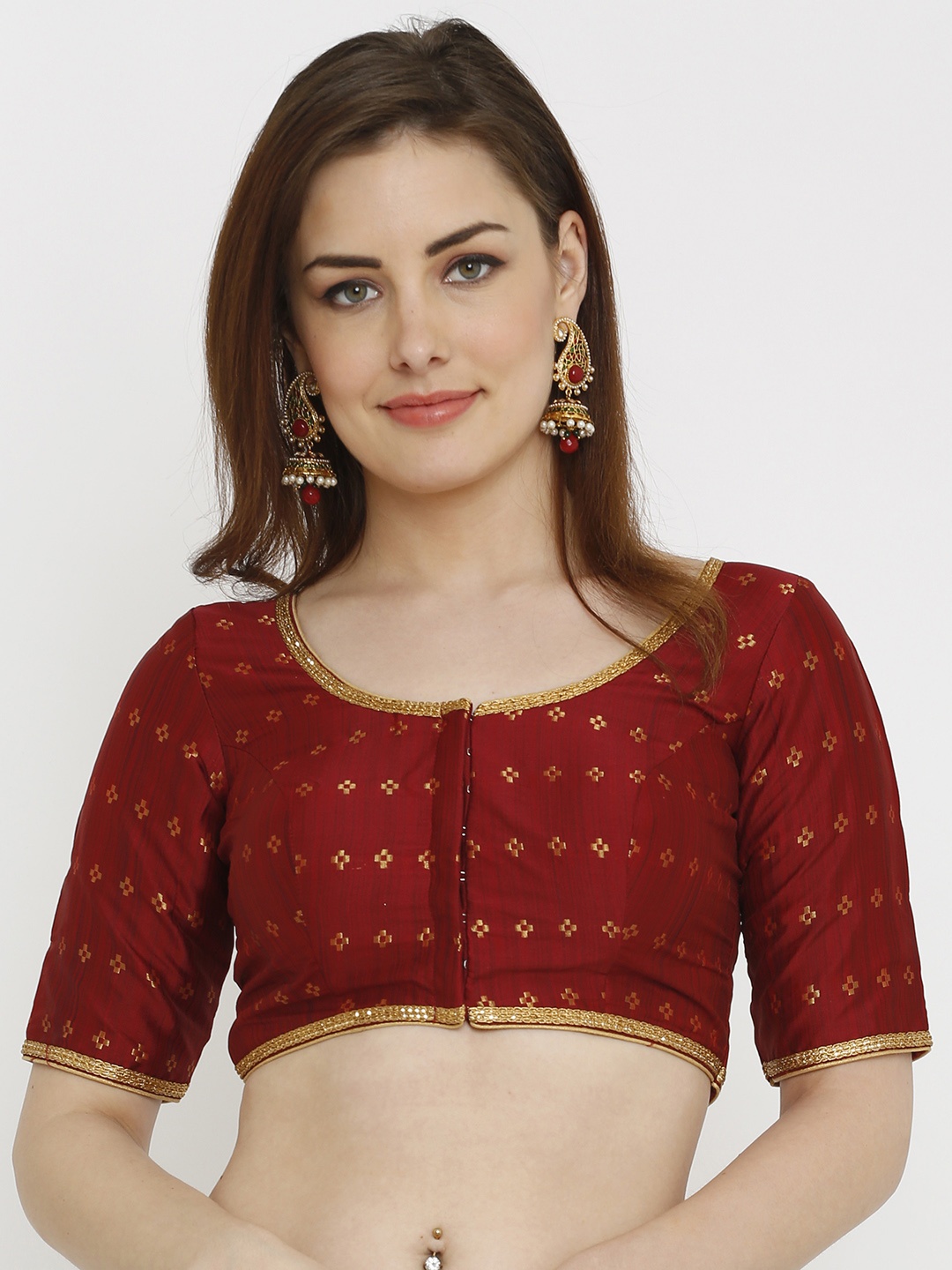 

SALWAR STUDIO Women Maroon Self-Design Dupion Silk Padded Saree Blouse