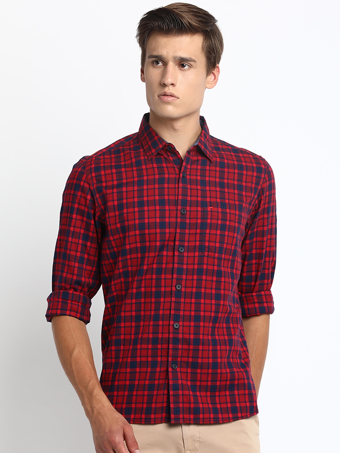 

Basics Men Red & Blue Slim Fit Checked Casual Shirt