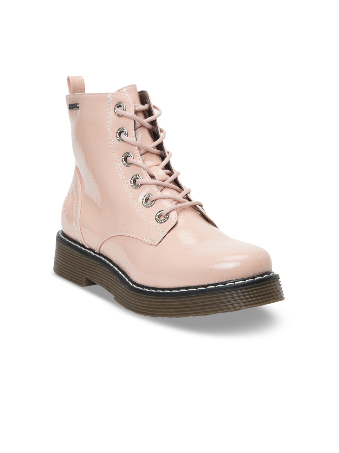 

Bugatti Women Pink Solid Synthetic Patent Mid-Top Flat Boots