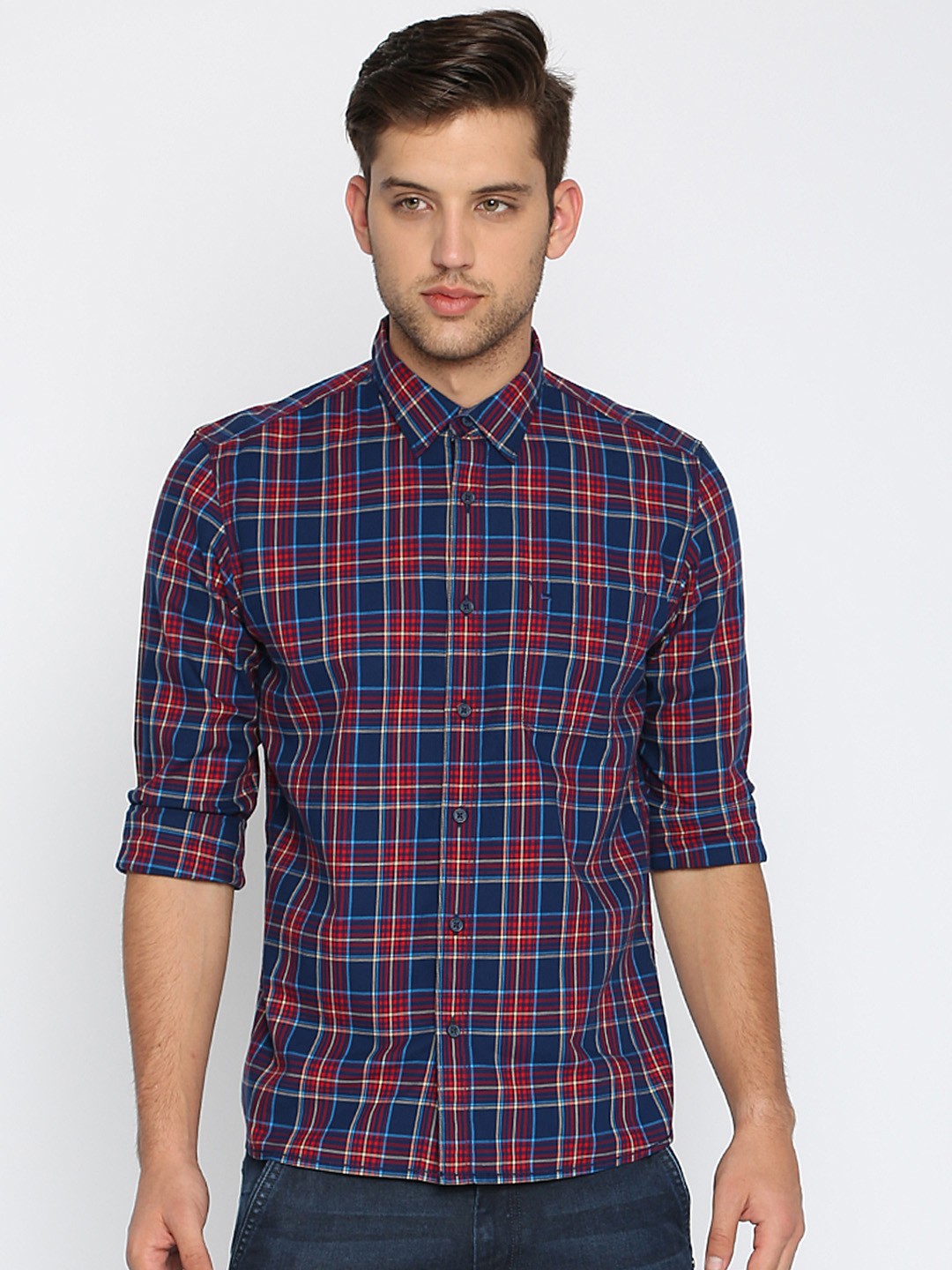 

Basics Men Red & Blue Slim Fit Checked Casual Shirt