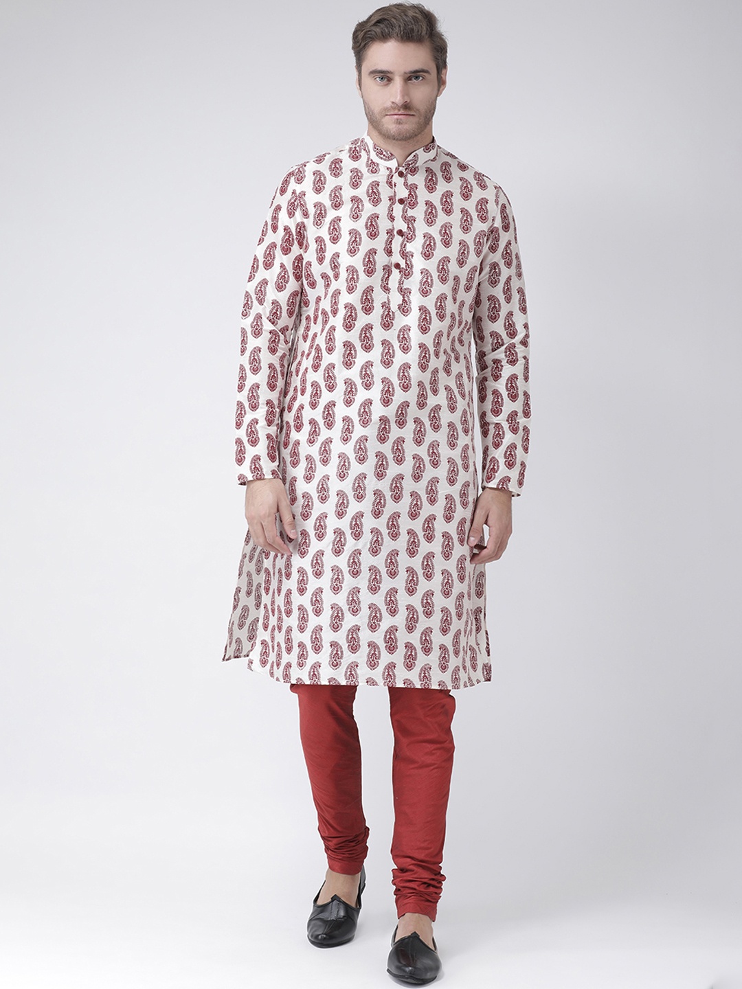 

DEYANN Men White & Maroon Printed Kurta with Churidar
