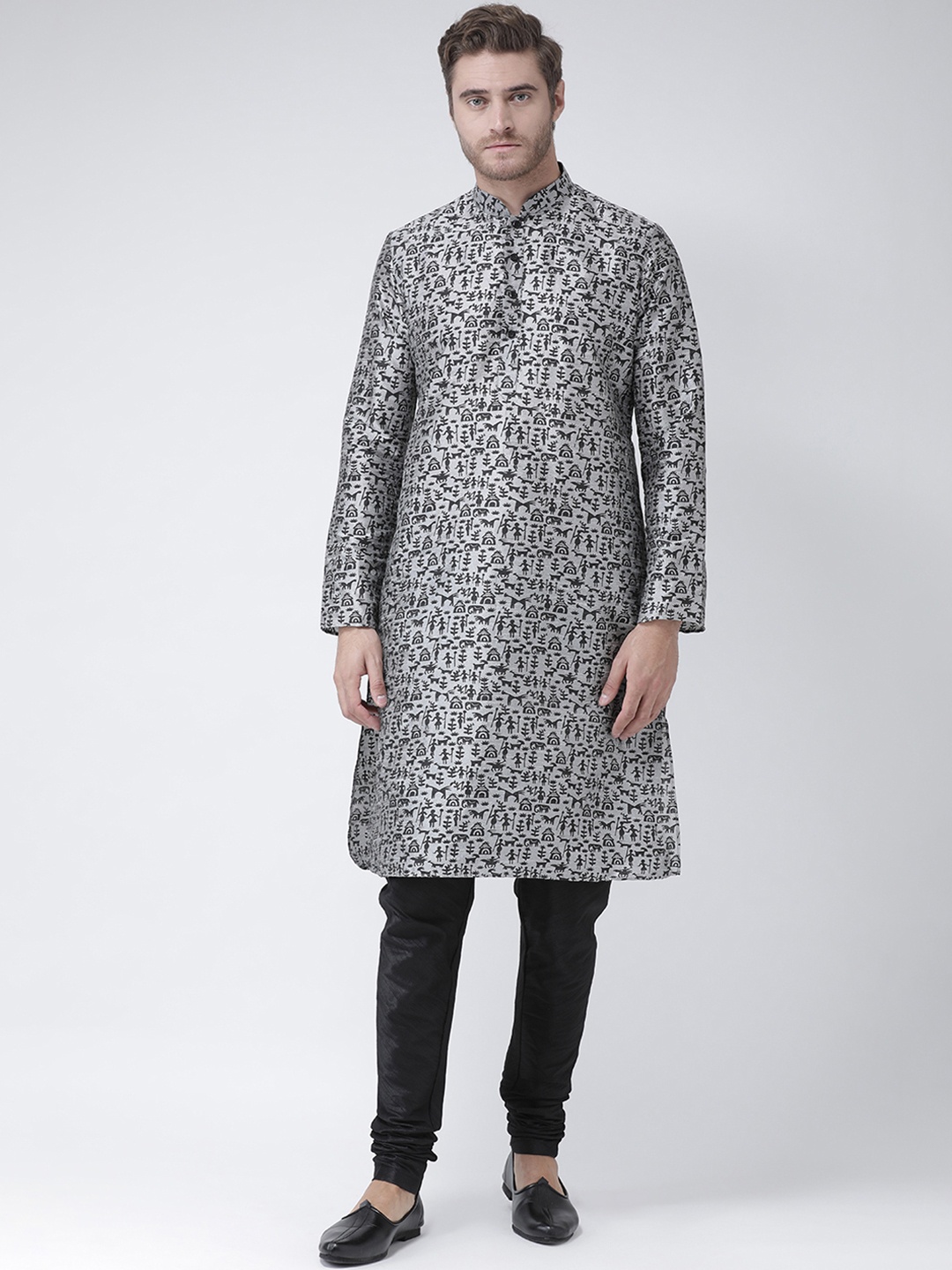 DEYANN Men Grey & Black Printed Kurta with Churidar