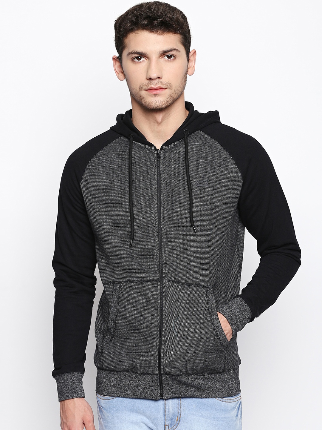 

Ajile by Pantaloons Men Grey & Black Colourblocked Hooded Sweatshirt