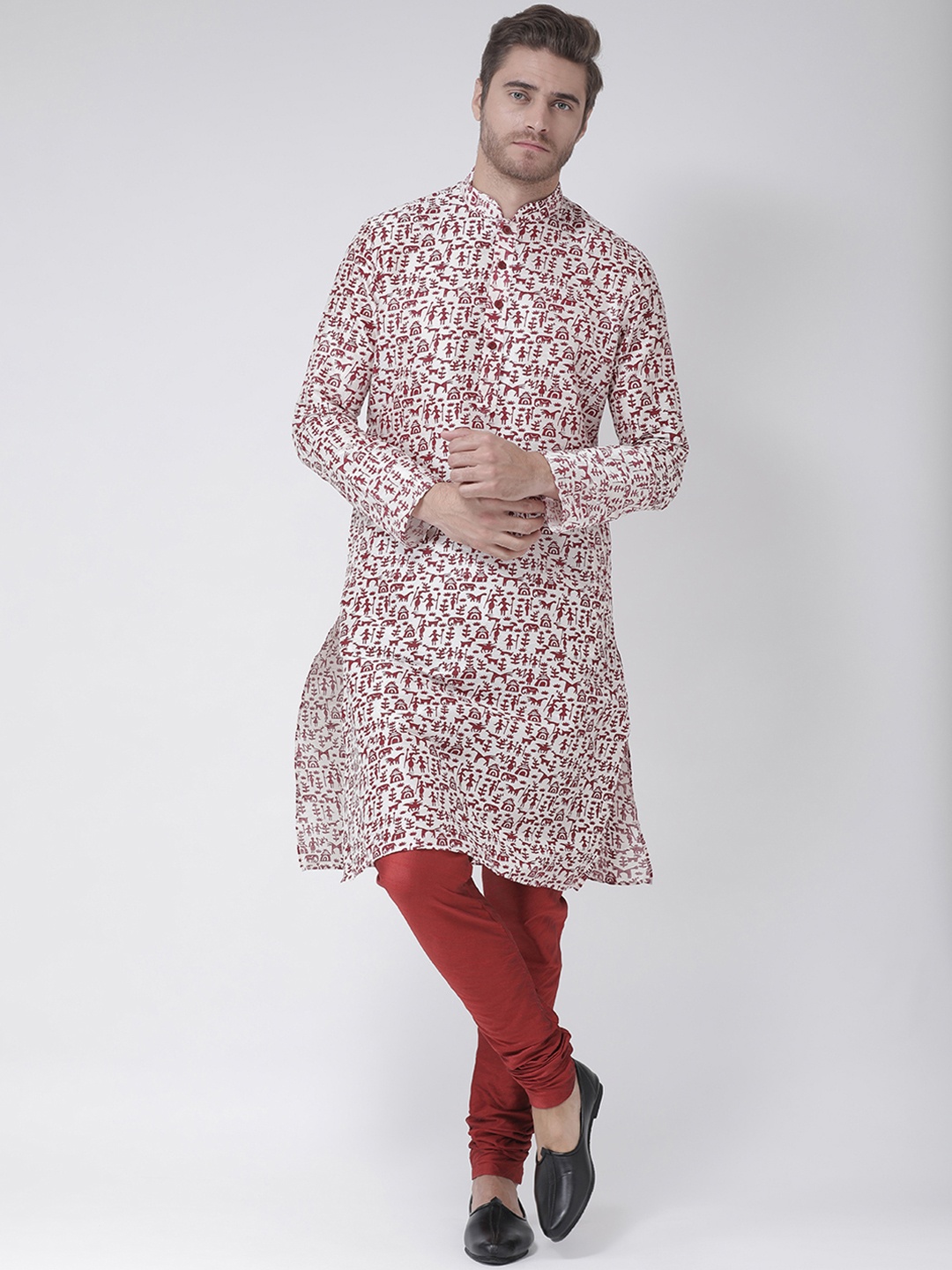

DEYANN Men White & Red Printed Kurta with Churidar