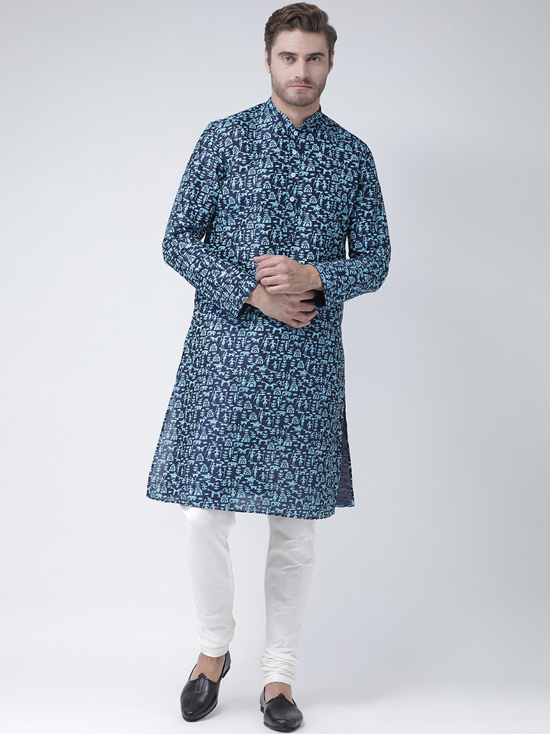 DEYANN Men Navy Blue & Off-White Printed Kurta with Churidar