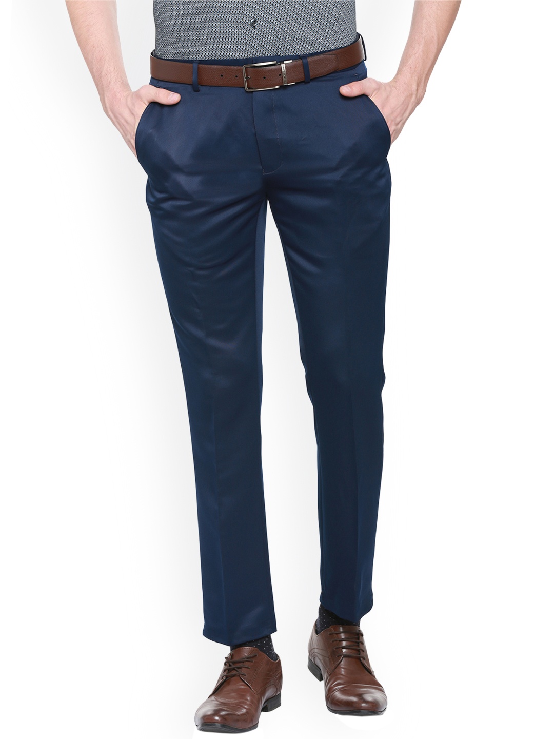 V Dot Men Navy Blue Skinny Fit Solid Regular Trousers