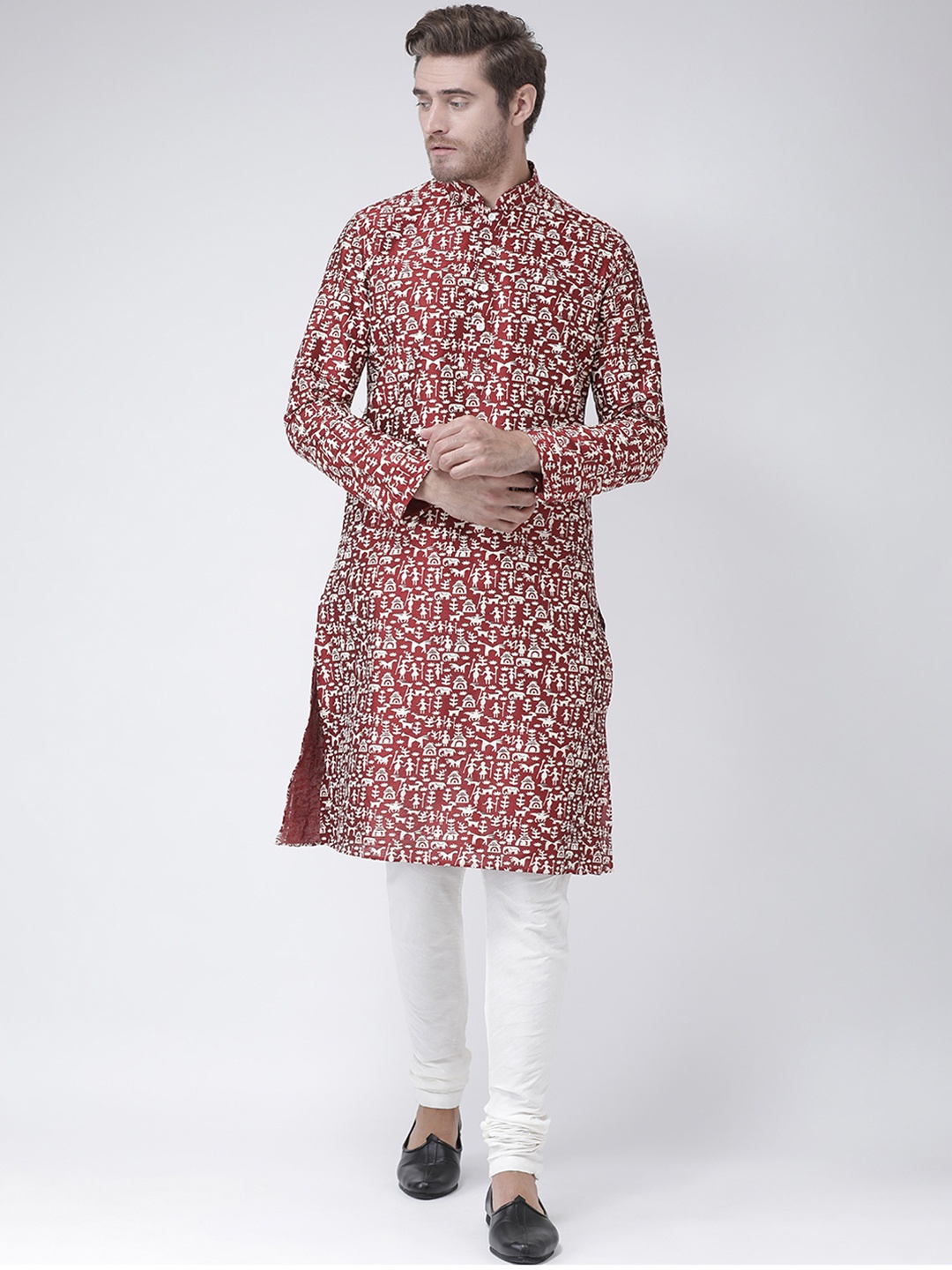 

DEYANN Men Maroon & Off-White Printed Kurta with Churidar