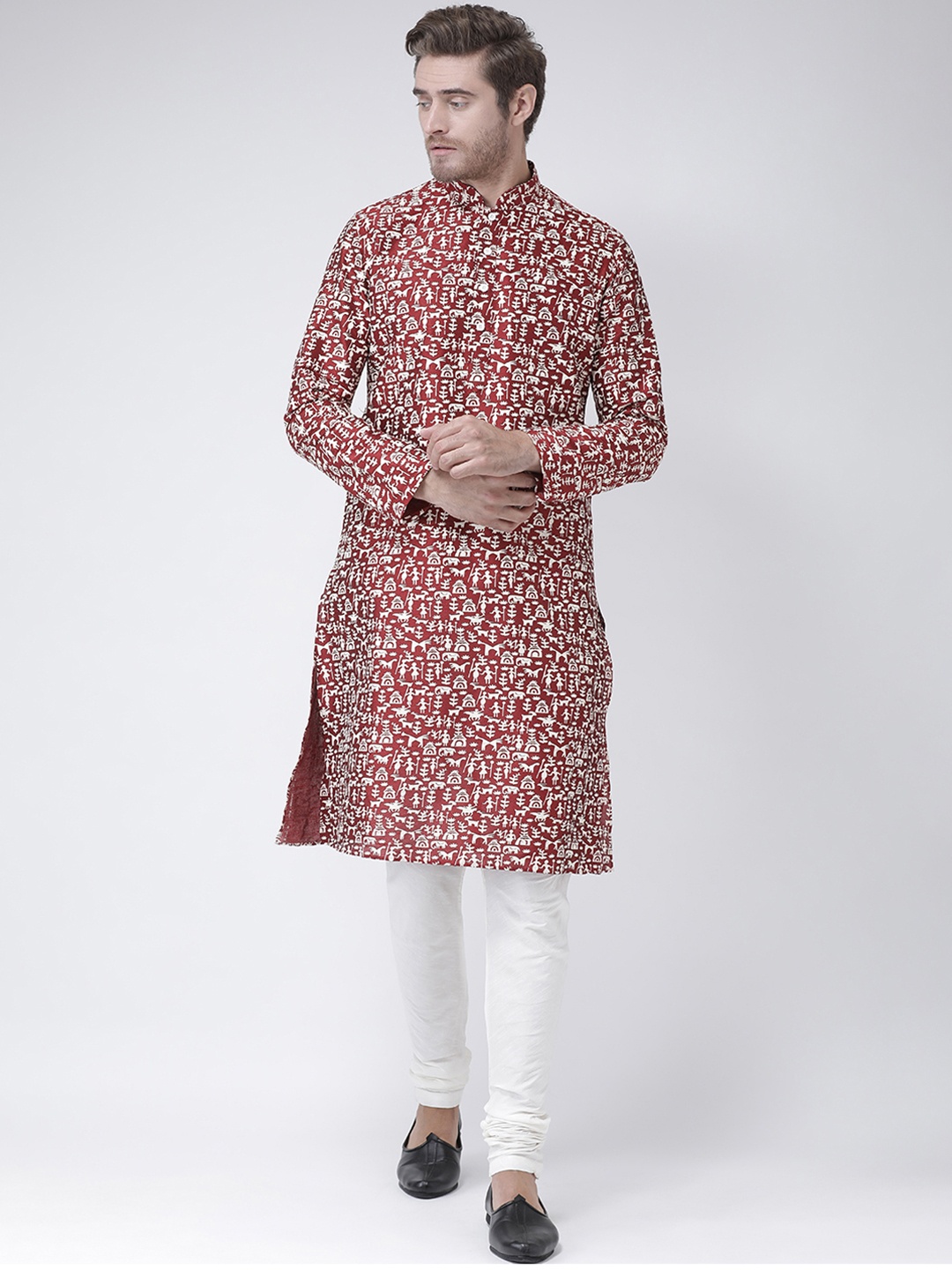 

DEYANN Men Maroon & White Printed Kurta with Churidar