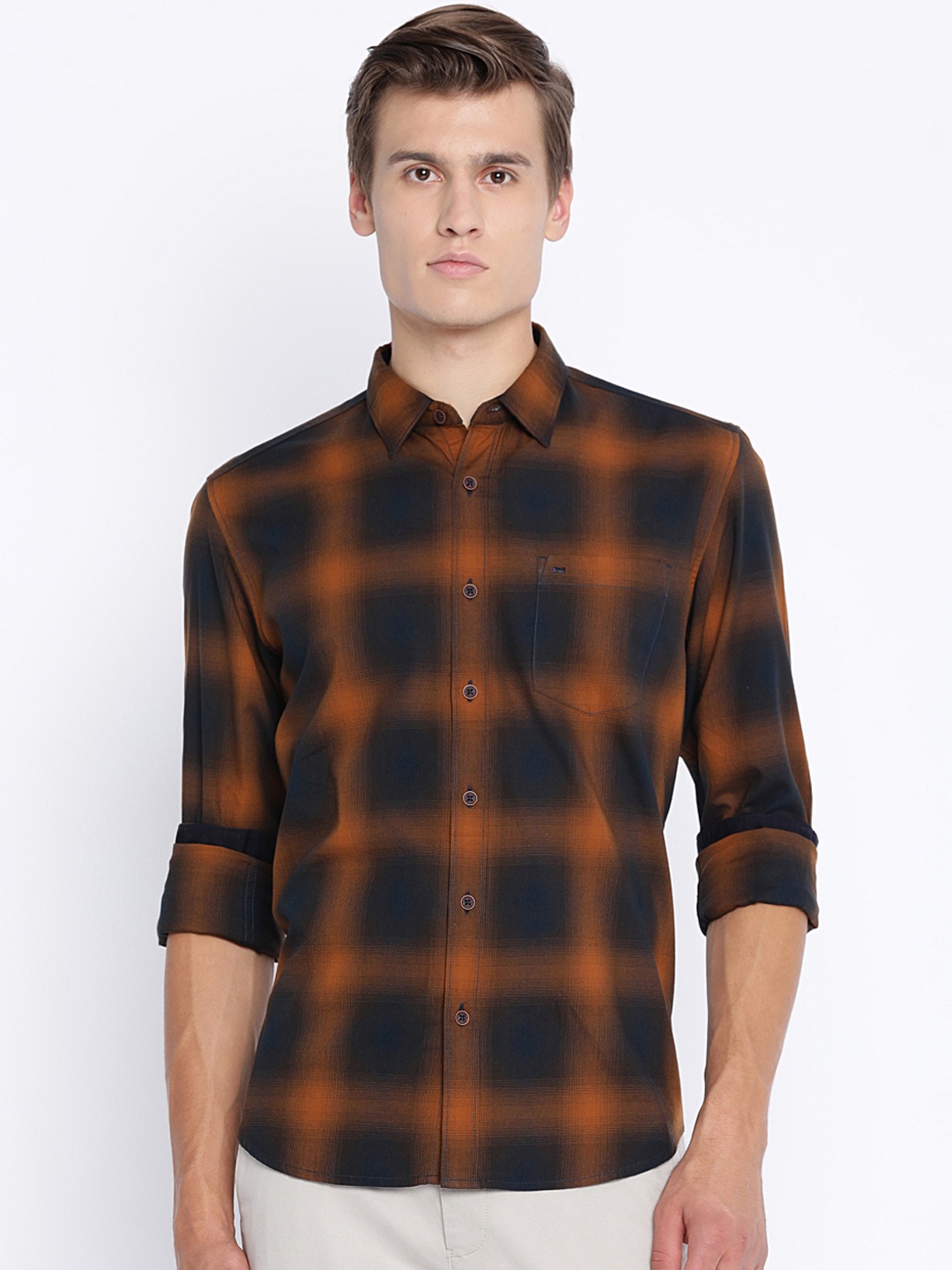 

Basics Men Brown & Navy Blue Slim Fit Checked Casual Shirt