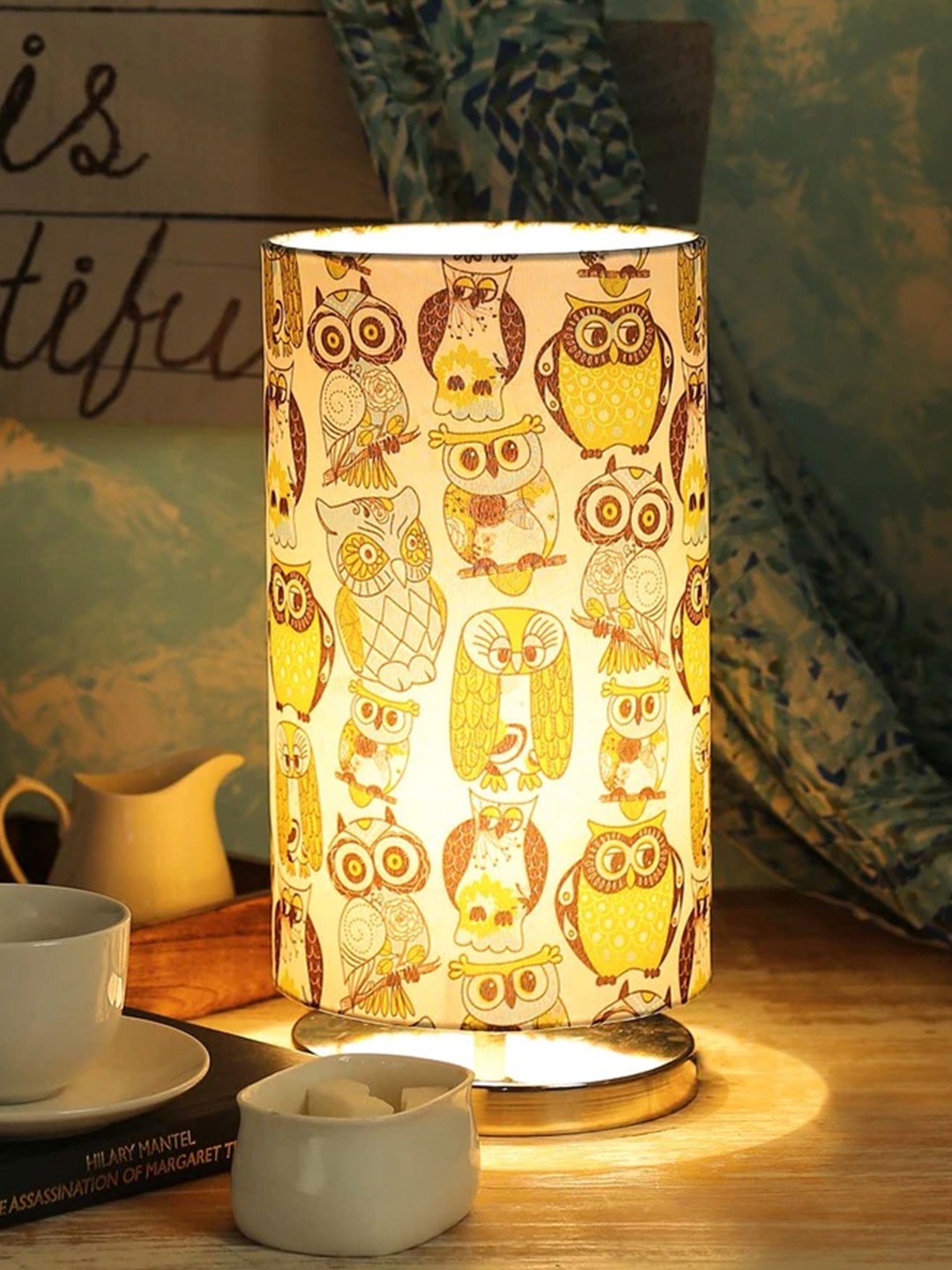 

green girgit White and Brown Printed Column Lamp with Shade