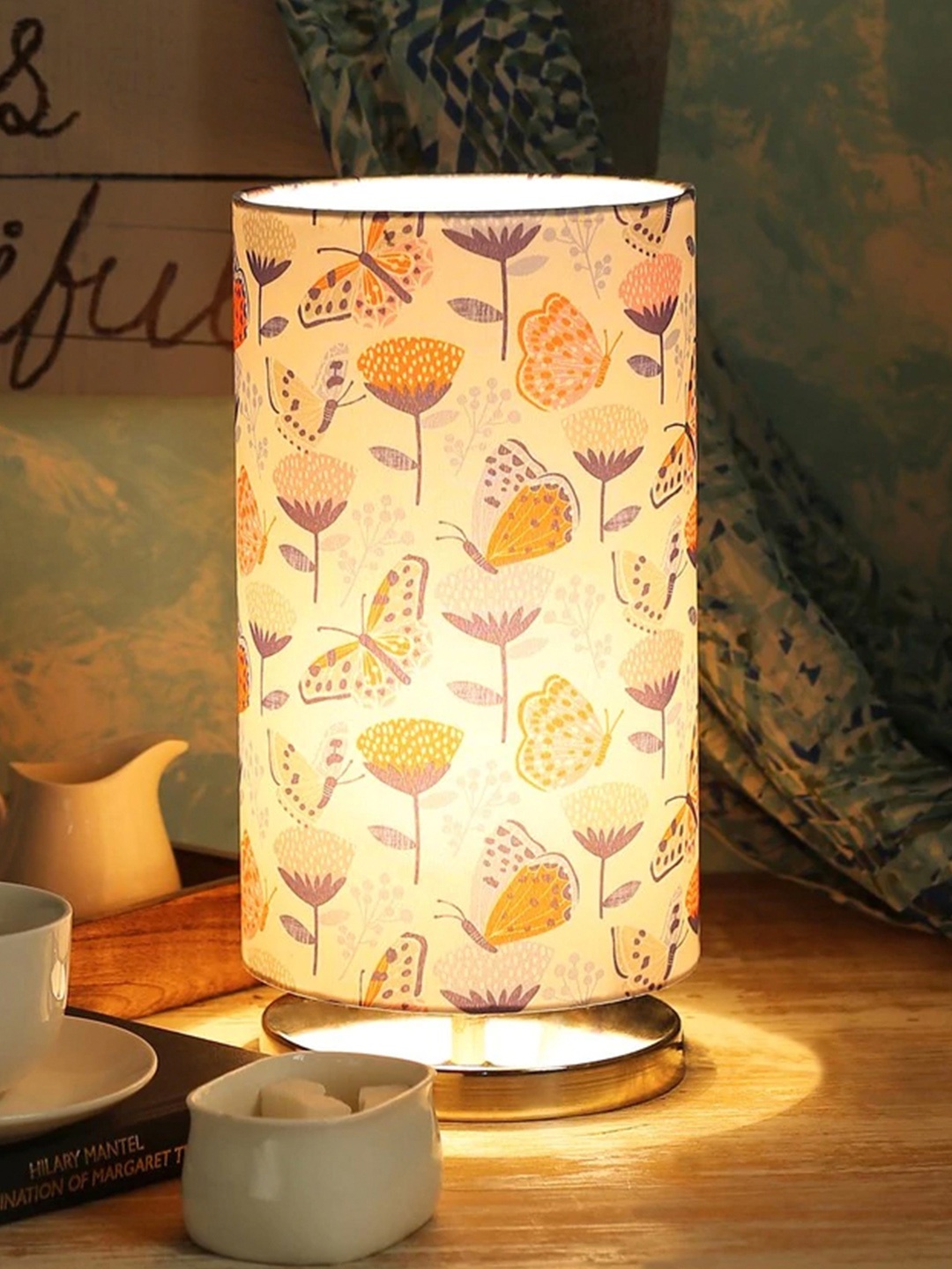 

green girgit White Printed Spring is Here Round Column Table Lamp