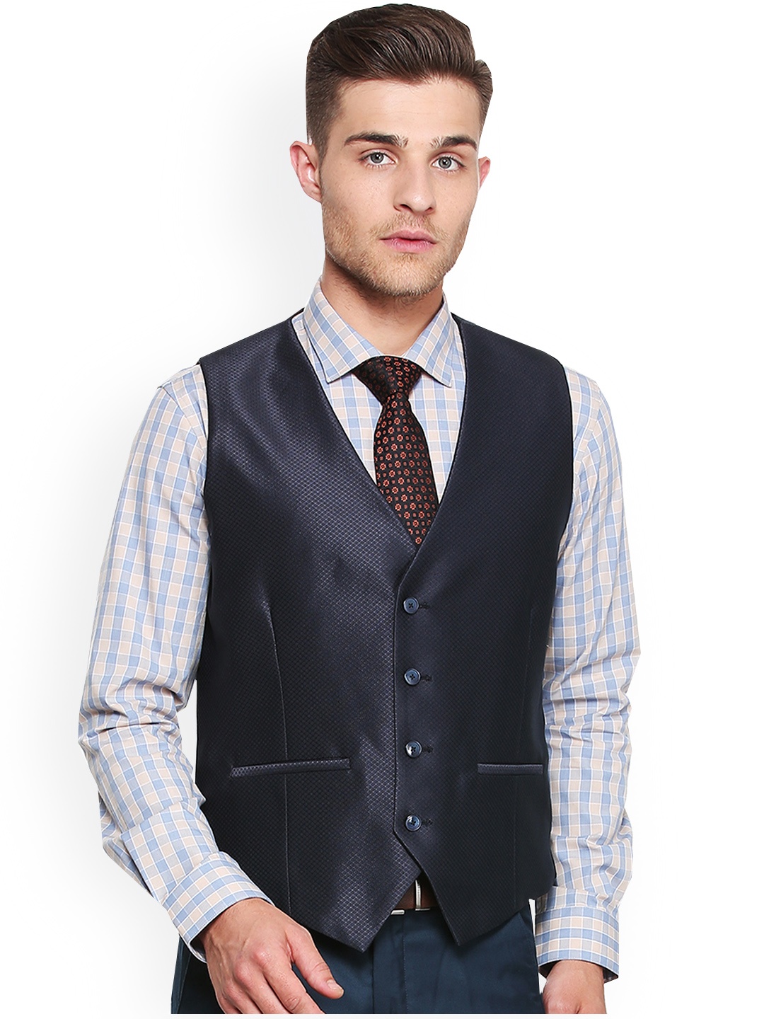 

V Dot Men Navy Blue Woven Design Reversible Waistcoat