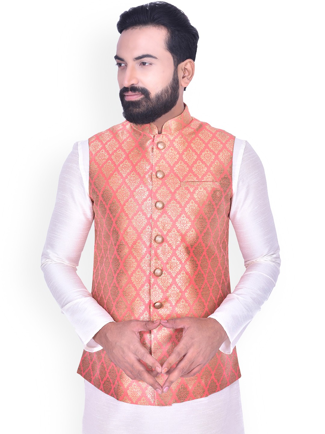 

Manyavar Men Peach-Coloured Woven Design Nehru Jacket