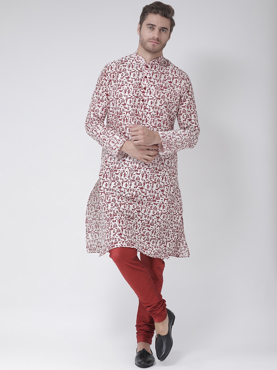 

DEYANN Men Off-White & Red Printed Kurta with Churidar